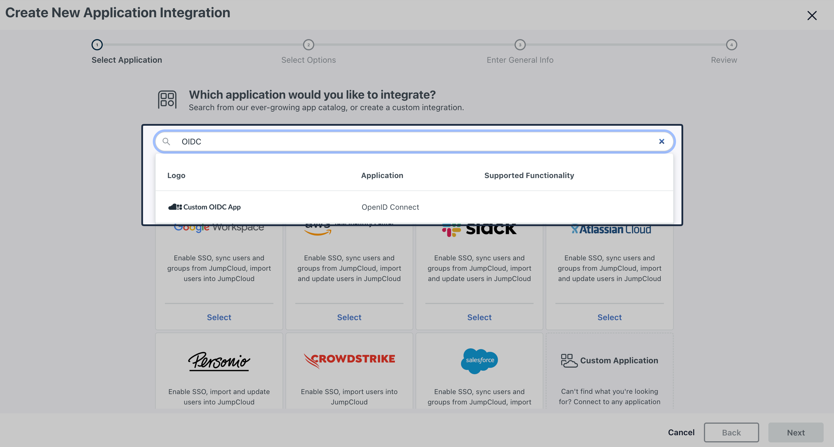 Search for Custom OIDC App in JumpCloud