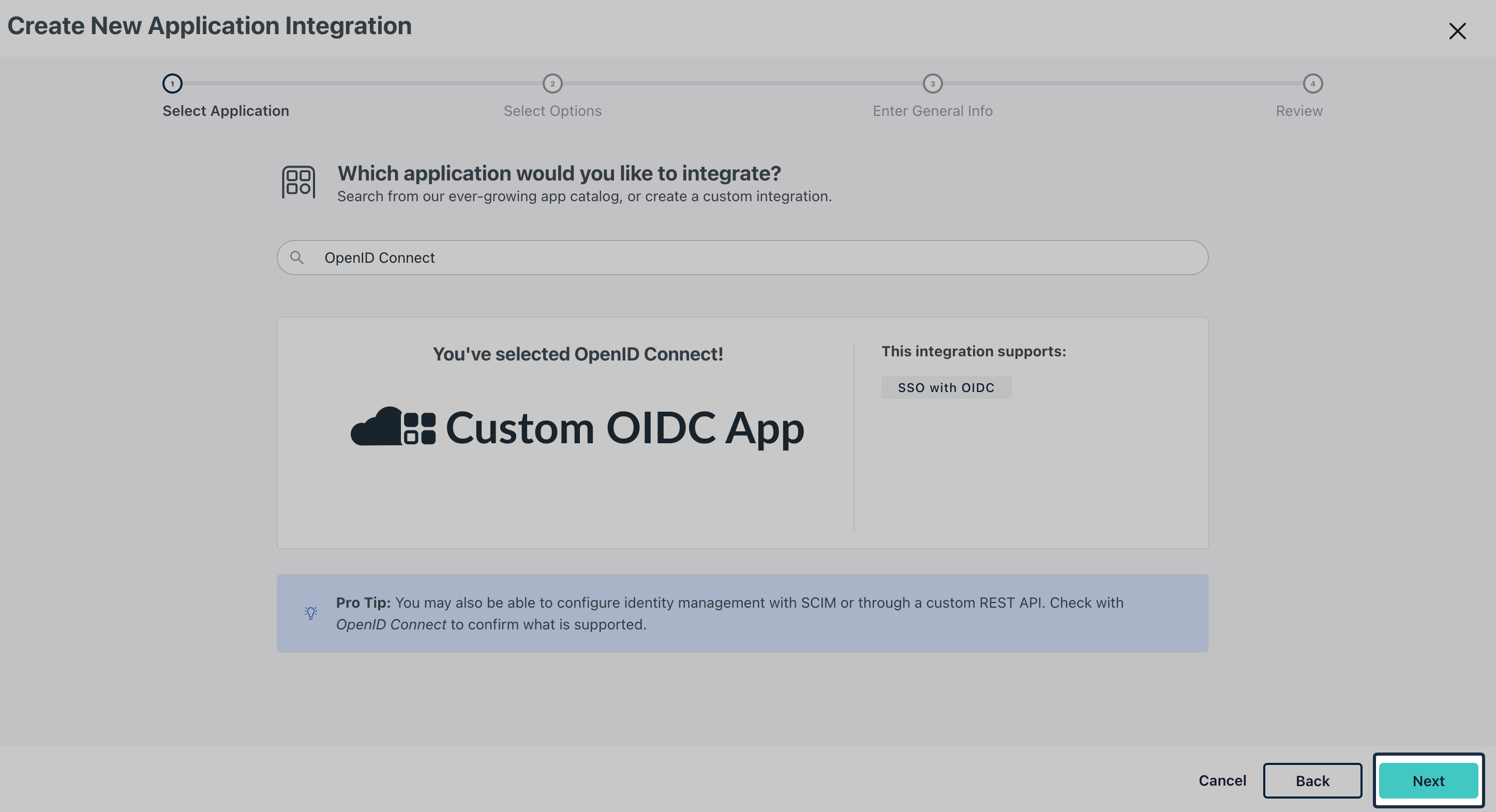 Select Custom OIDC App in JumpCloud