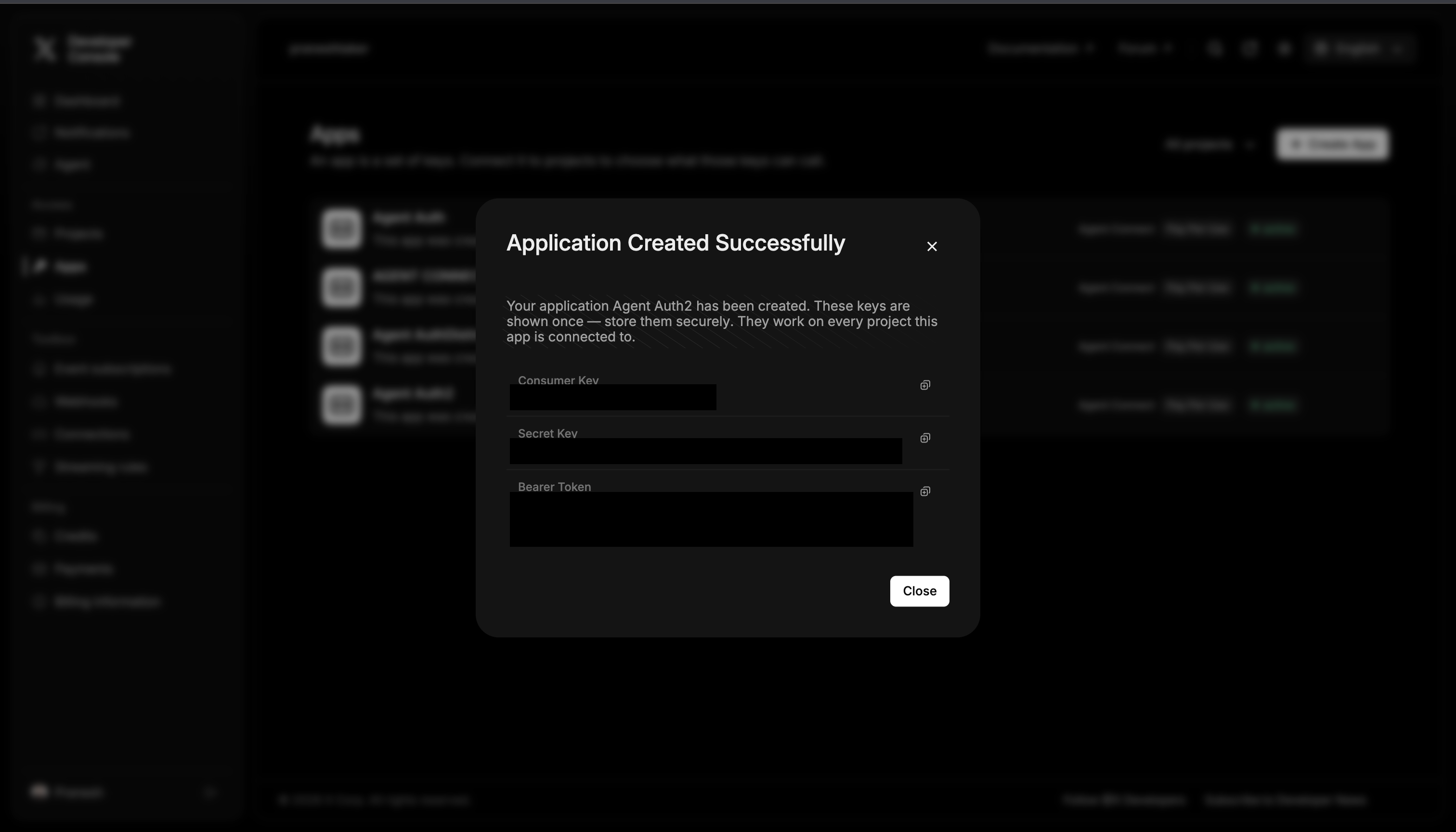 X app Keys and Tokens tab with Consumer Key, Secret Key, and Bearer Token values redacted