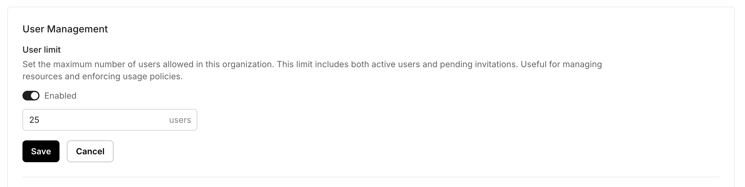 Scalekit User limit setting enabled and set to a maximum of 25 users per organization, with Save and Cancel buttons