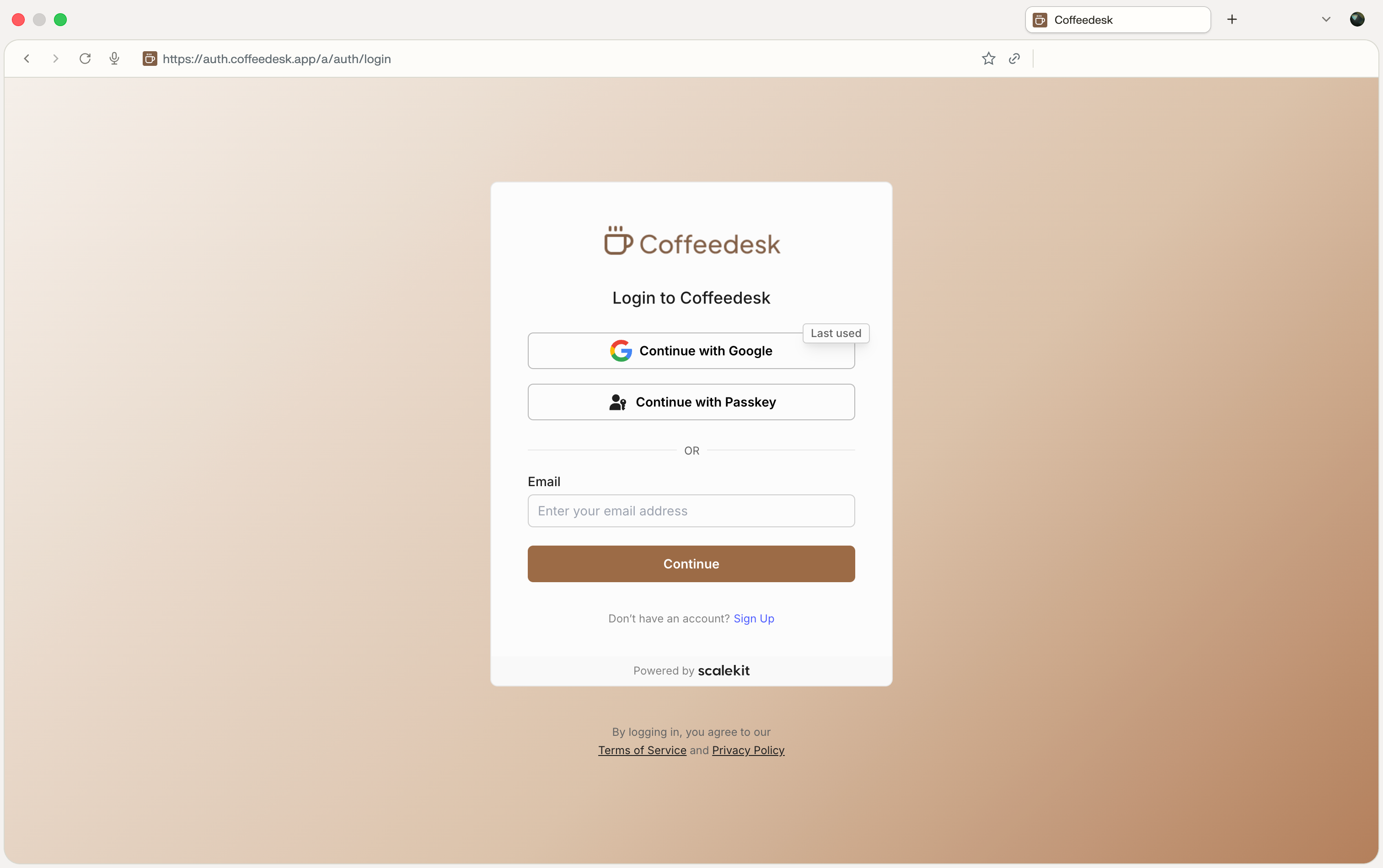 Login page of coffee desk app