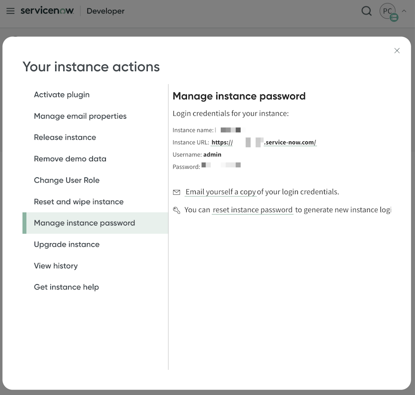 ServiceNow Developer Portal manage instance screen