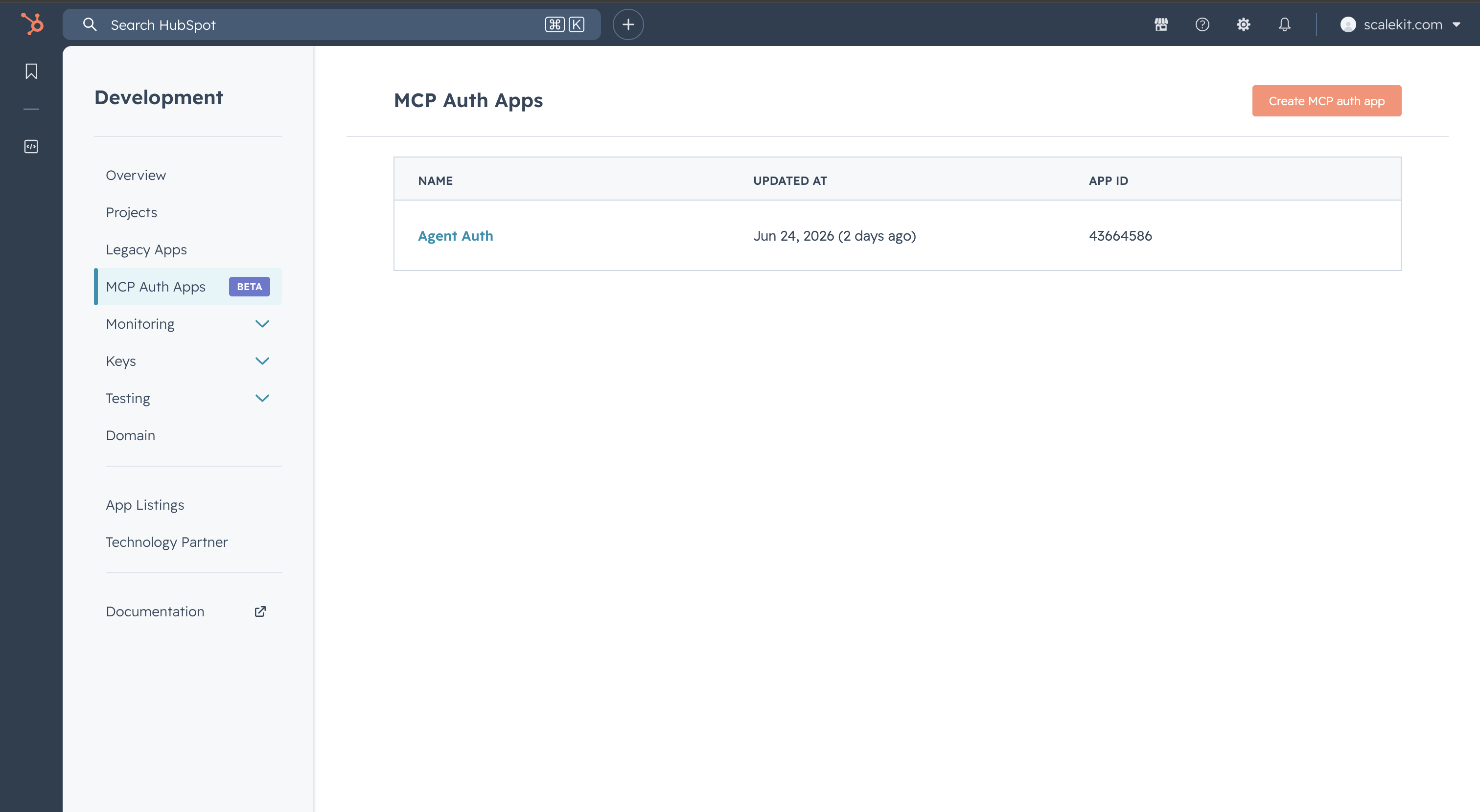 HubSpot developer portal showing the MCP Auth Apps section in the left sidebar
