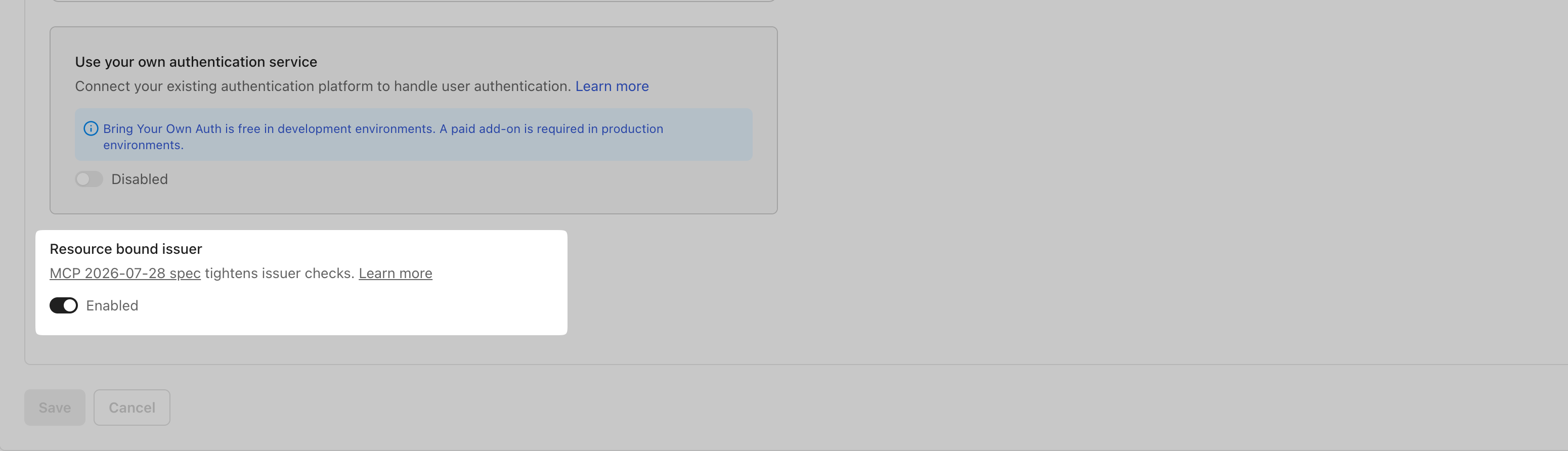 Resource bound issuer option set to Enabled in the MCP server settings