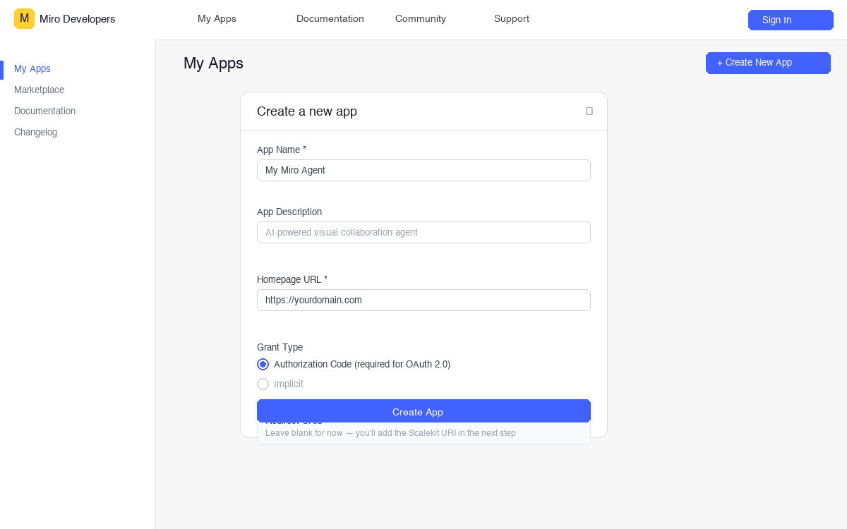 Create a new OAuth app in Miro Developer Portal