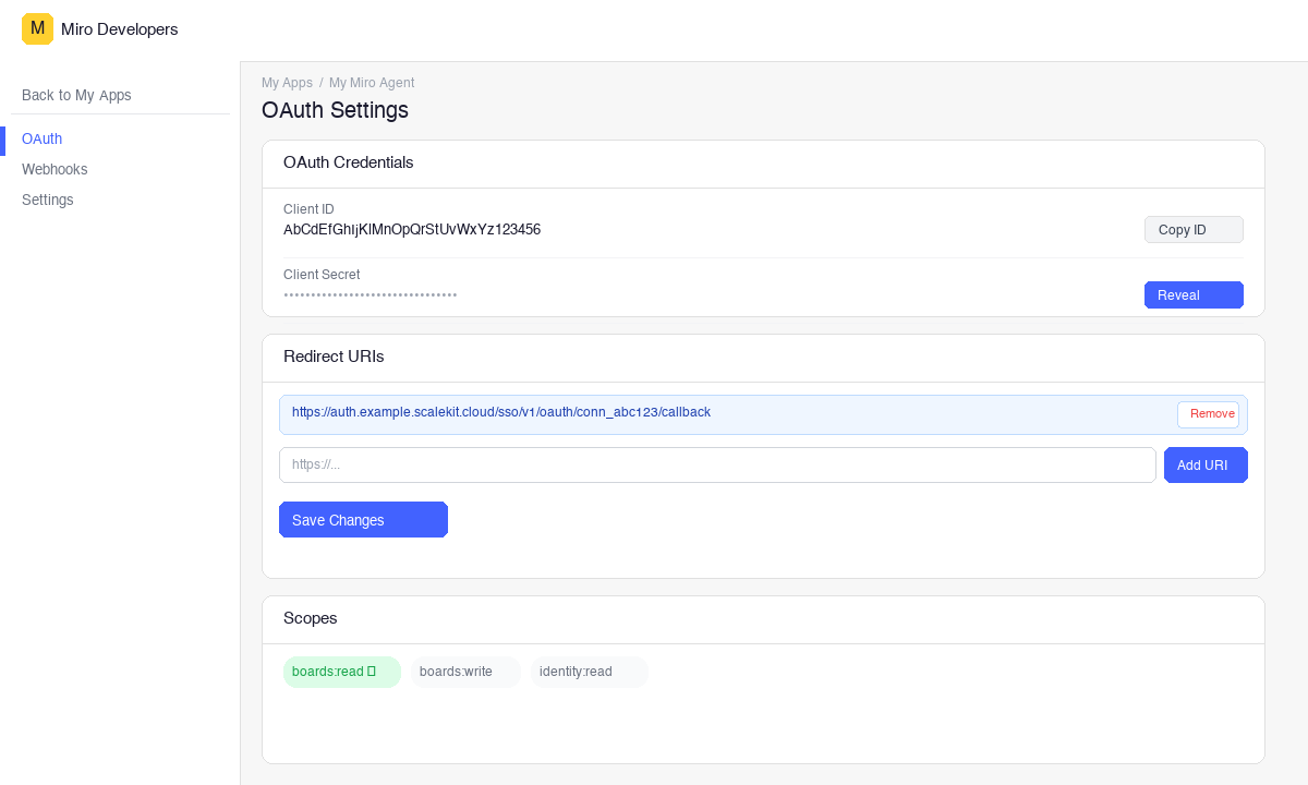 Miro OAuth credentials page showing Client ID, Client Secret, and Redirect URIs
