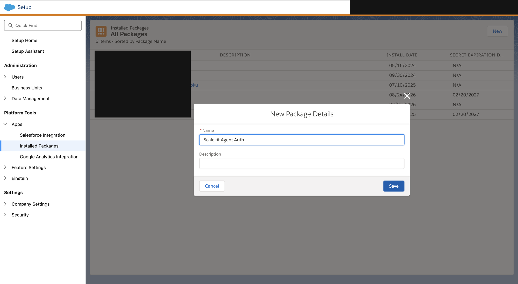 New Package Details dialog with the Name field filled in as Scalekit Agent Auth