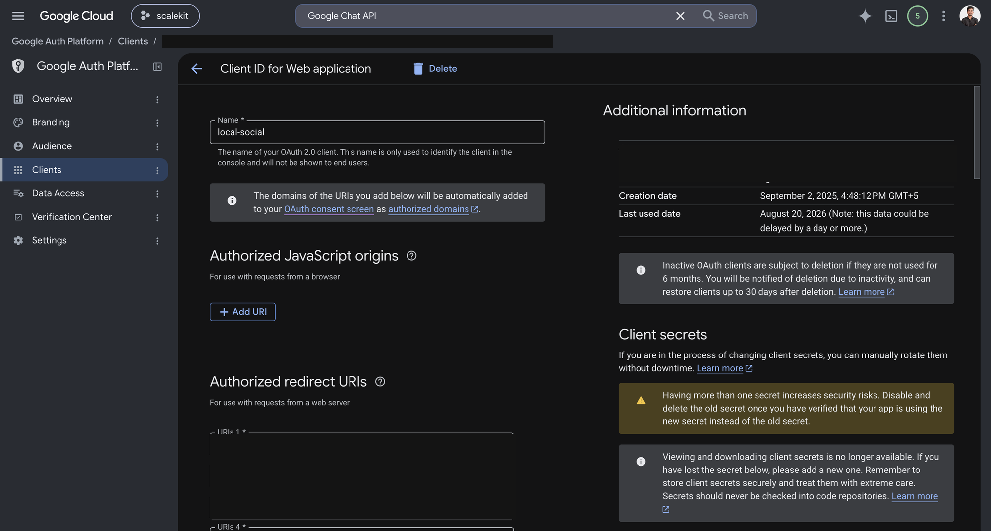 OAuth client detail page showing Client ID and Authorized redirect URIs