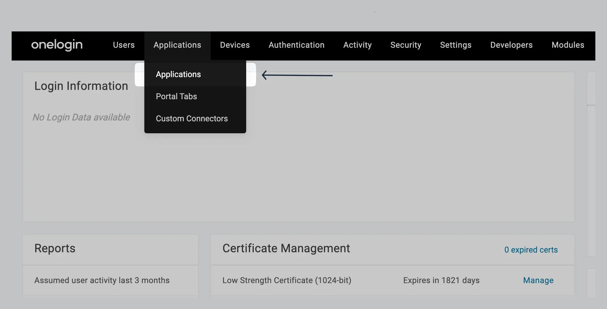 Open the Applications menu in the OneLogin Admin Console