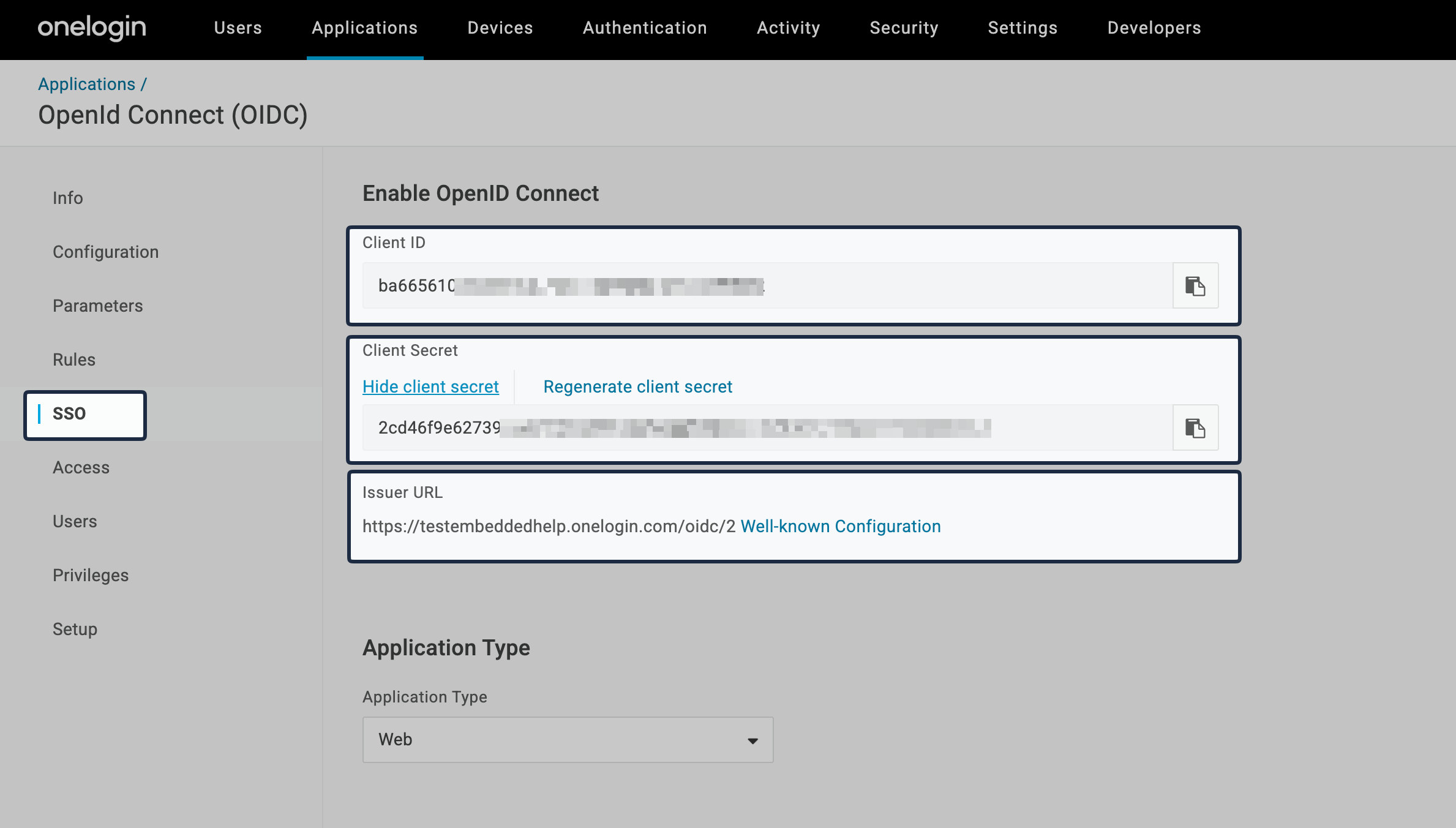 OneLogin SSO tab showing Client ID, Client Secret, and Issuer URL