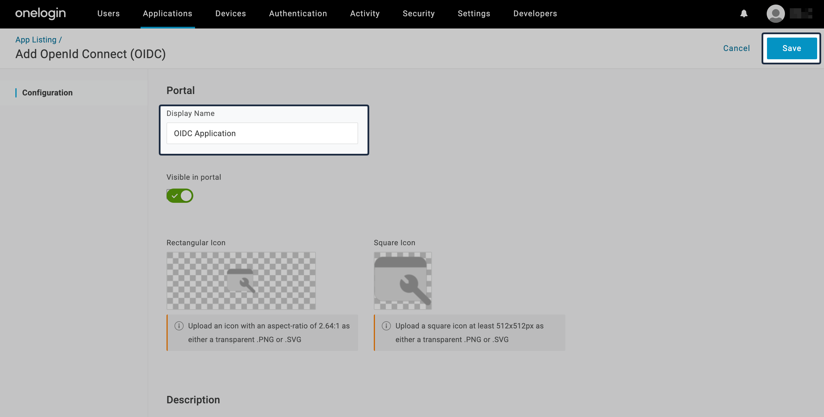 OneLogin OIDC application form with Display Name and icon upload fields