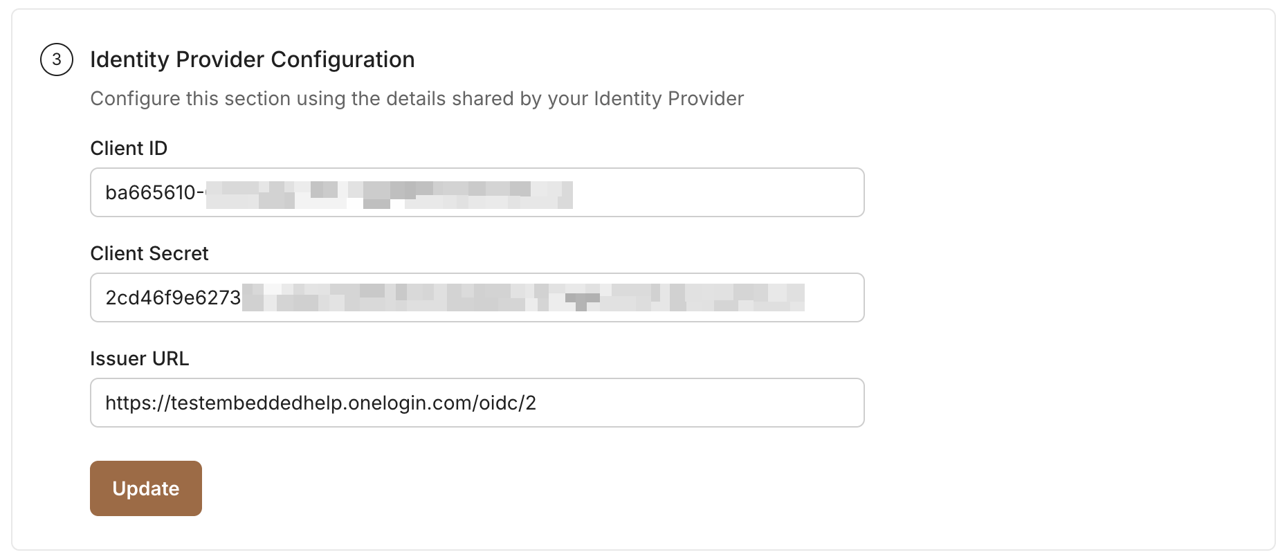 SSO Configuration Portal fields for OneLogin Client ID and Client Secret