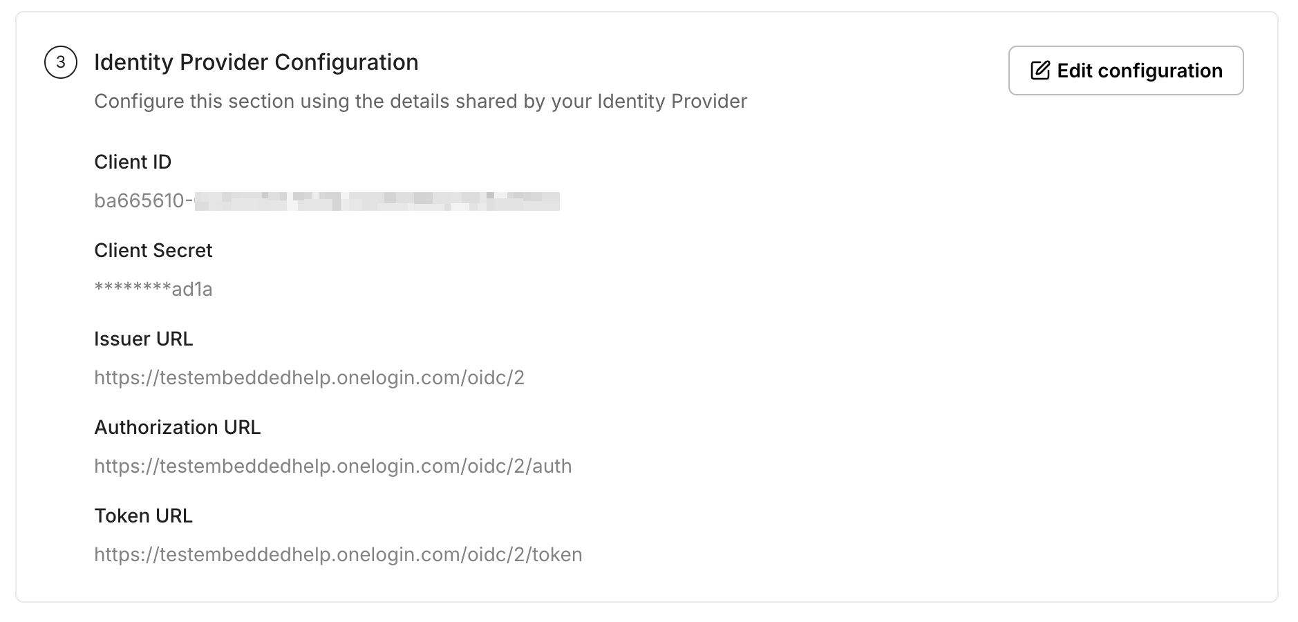 SSO Configuration Portal showing the OneLogin Issuer URL after update