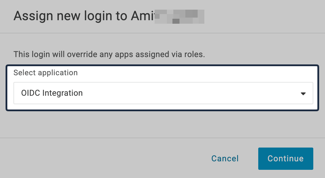 OneLogin application assignment dialog with the new OIDC app selected