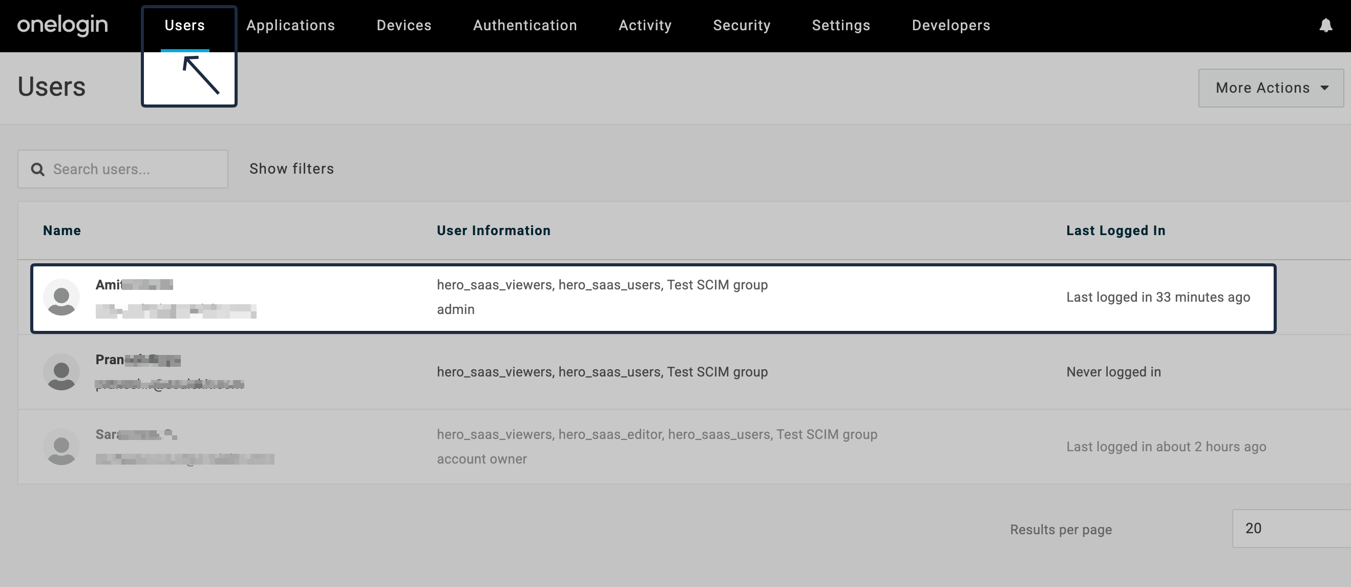 OneLogin Users tab with a user selected for application assignment