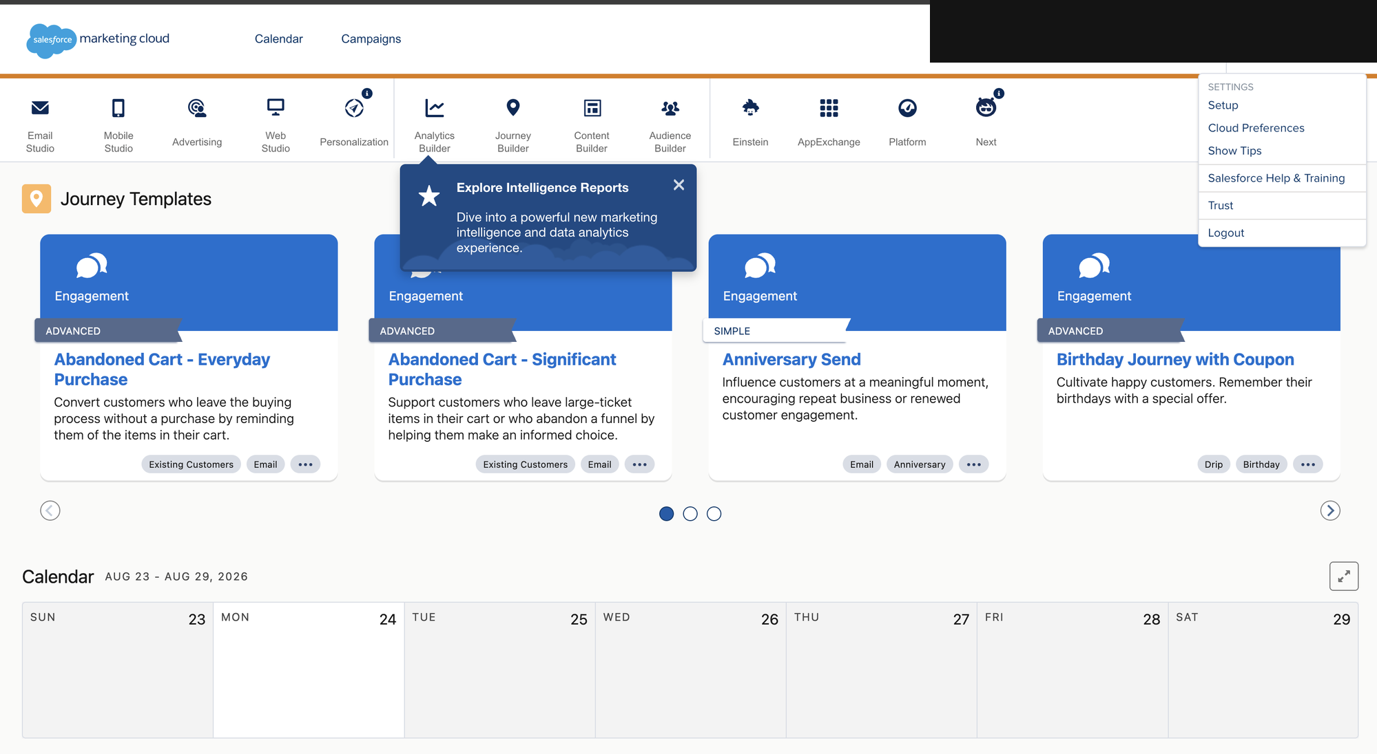 Salesforce Marketing Cloud app with the profile menu open showing the Setup link