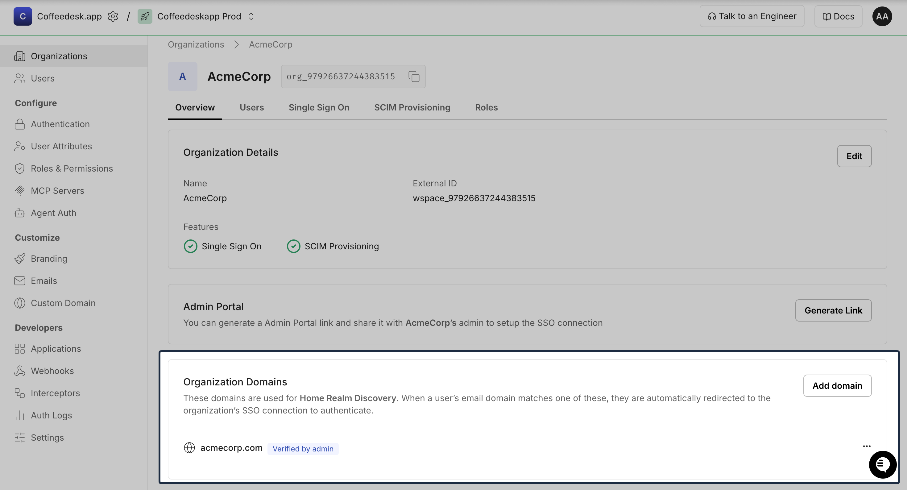 Organization domain verification in dashboard