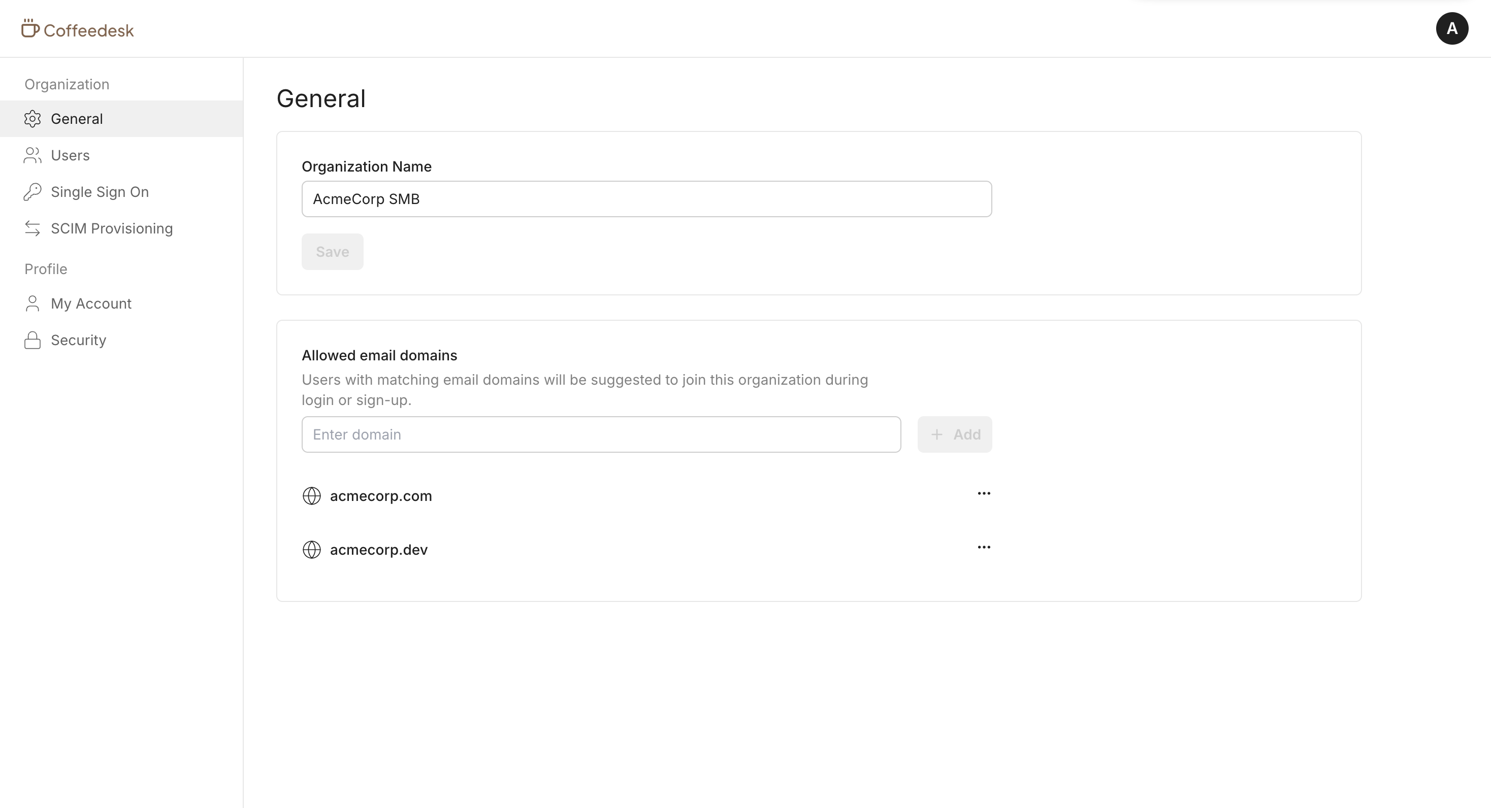 Organization settings widget showing the organization name field and a list of allowed email domains