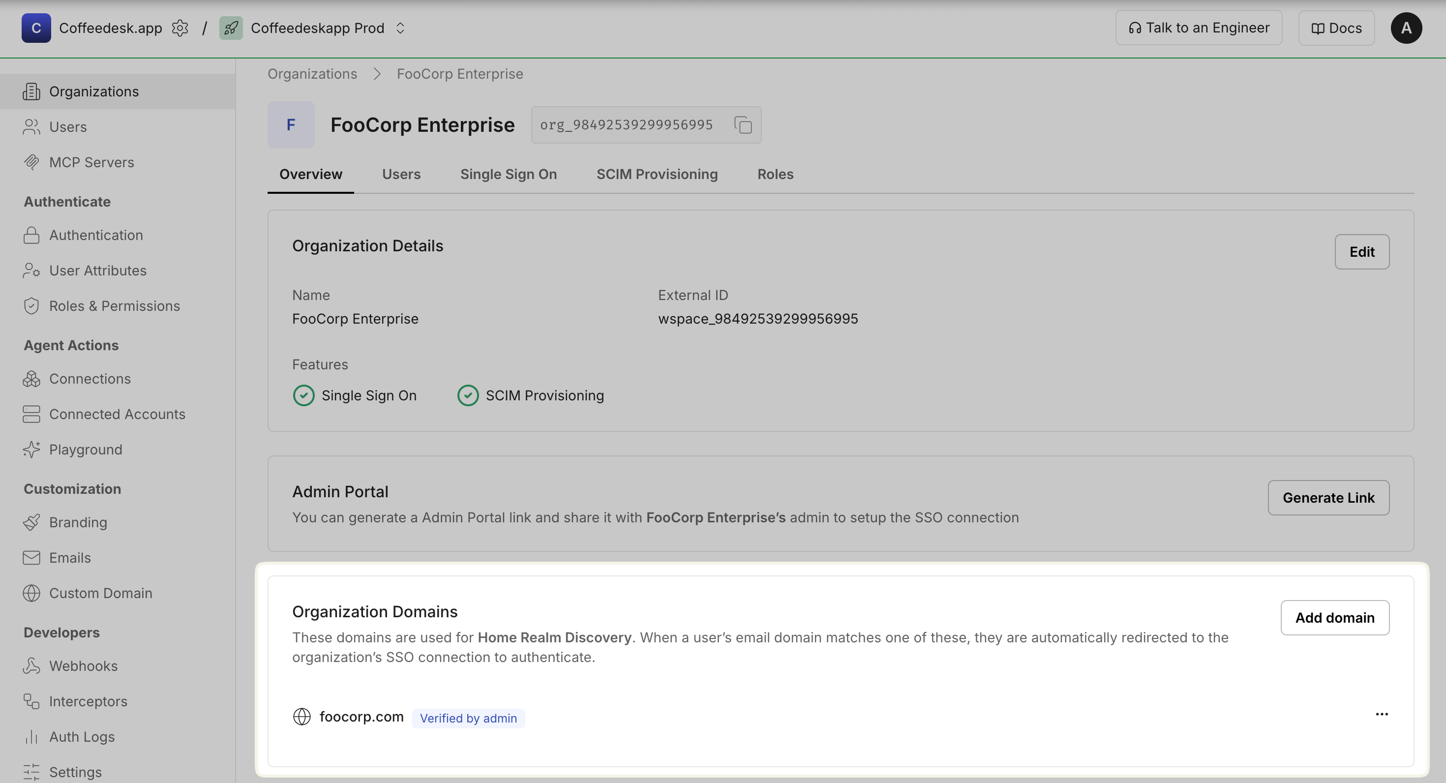 Scalekit organization overview with the Organization Domains section showing a verified domain used for Home Realm Discovery