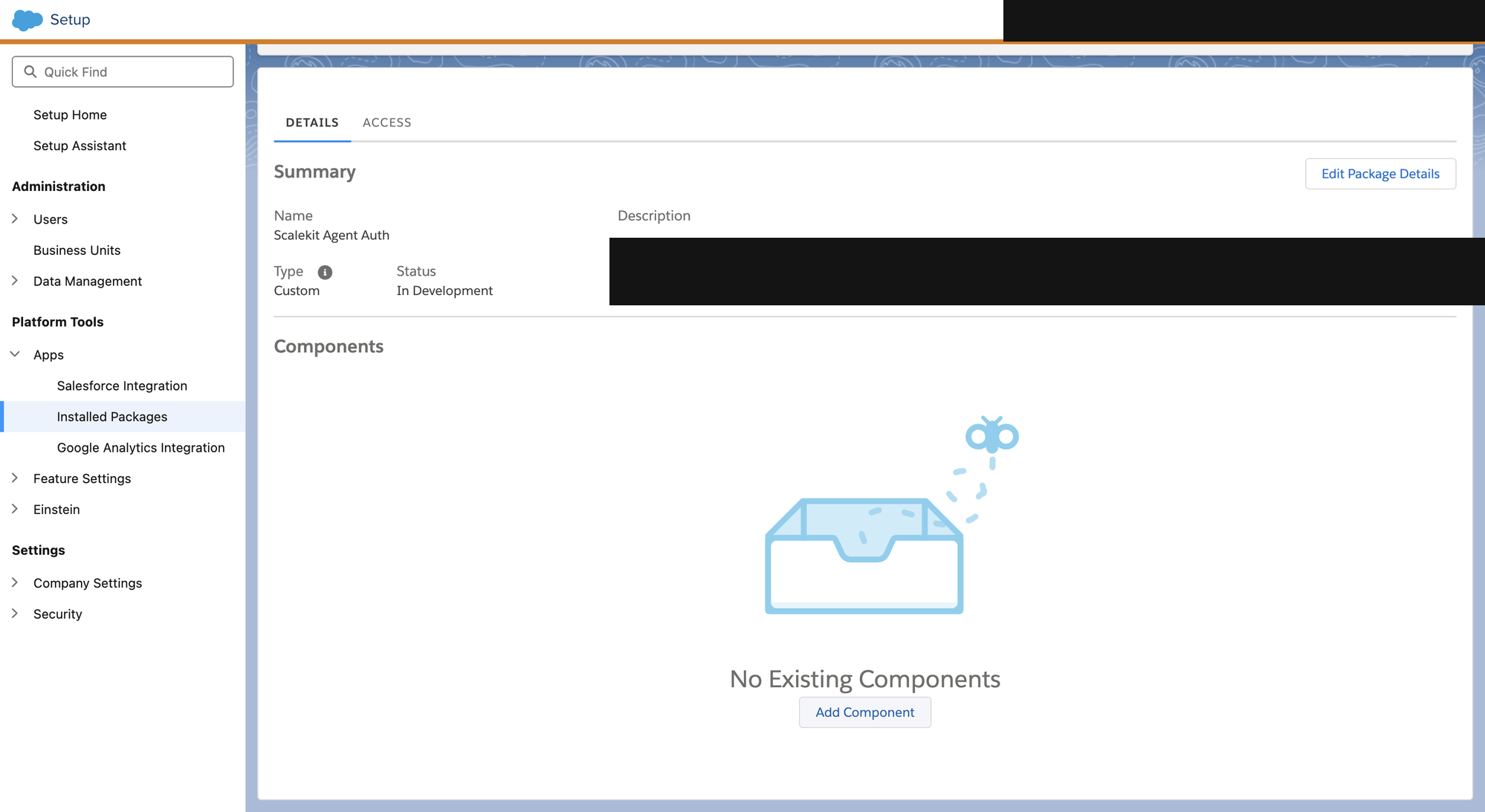 Package details page showing No Existing Components and an Add Component button