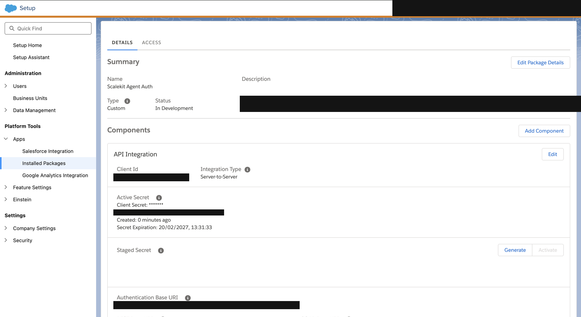 Package summary page showing Client Id, Active Secret, and Authentication Base URI