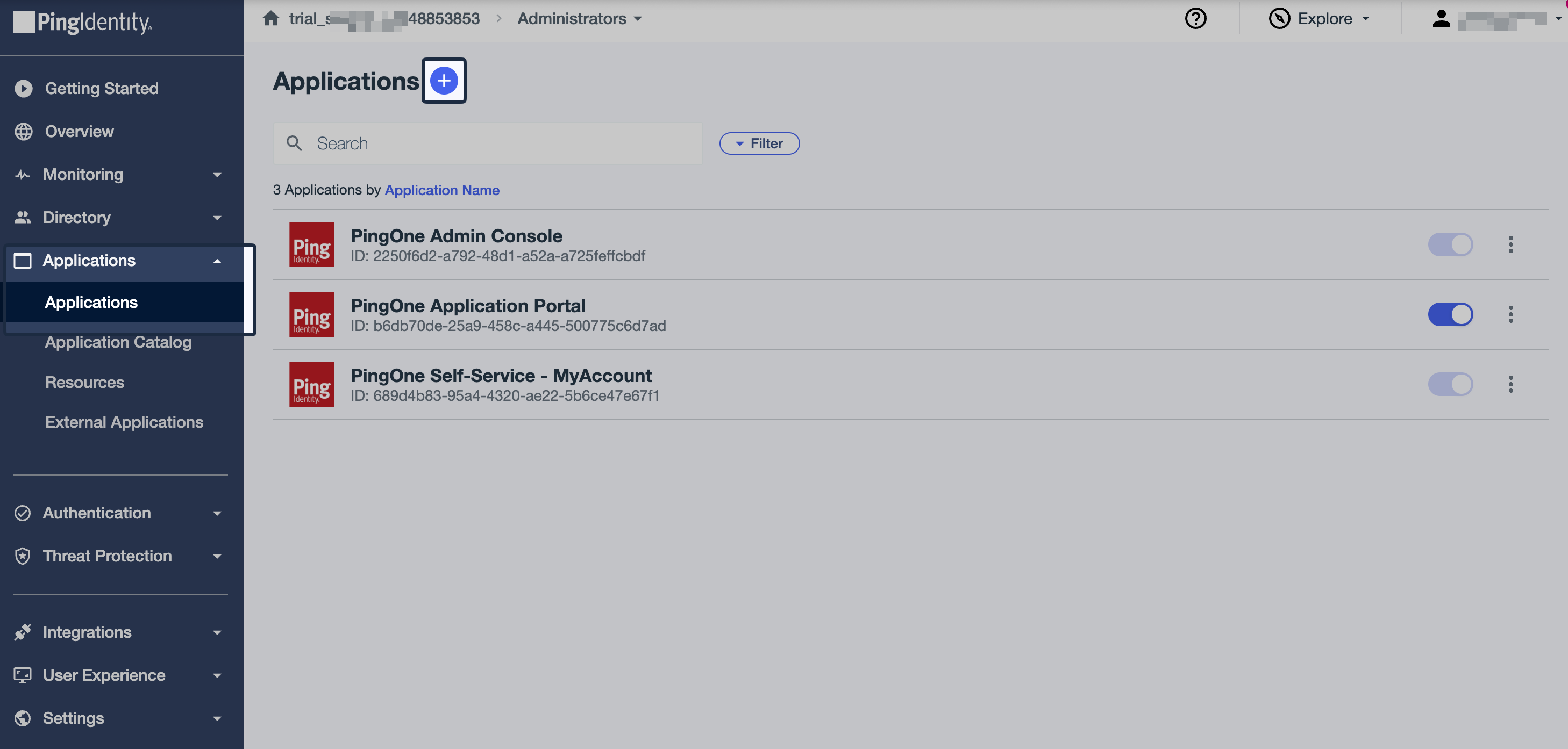 Ping Identity Applications page with the add application button