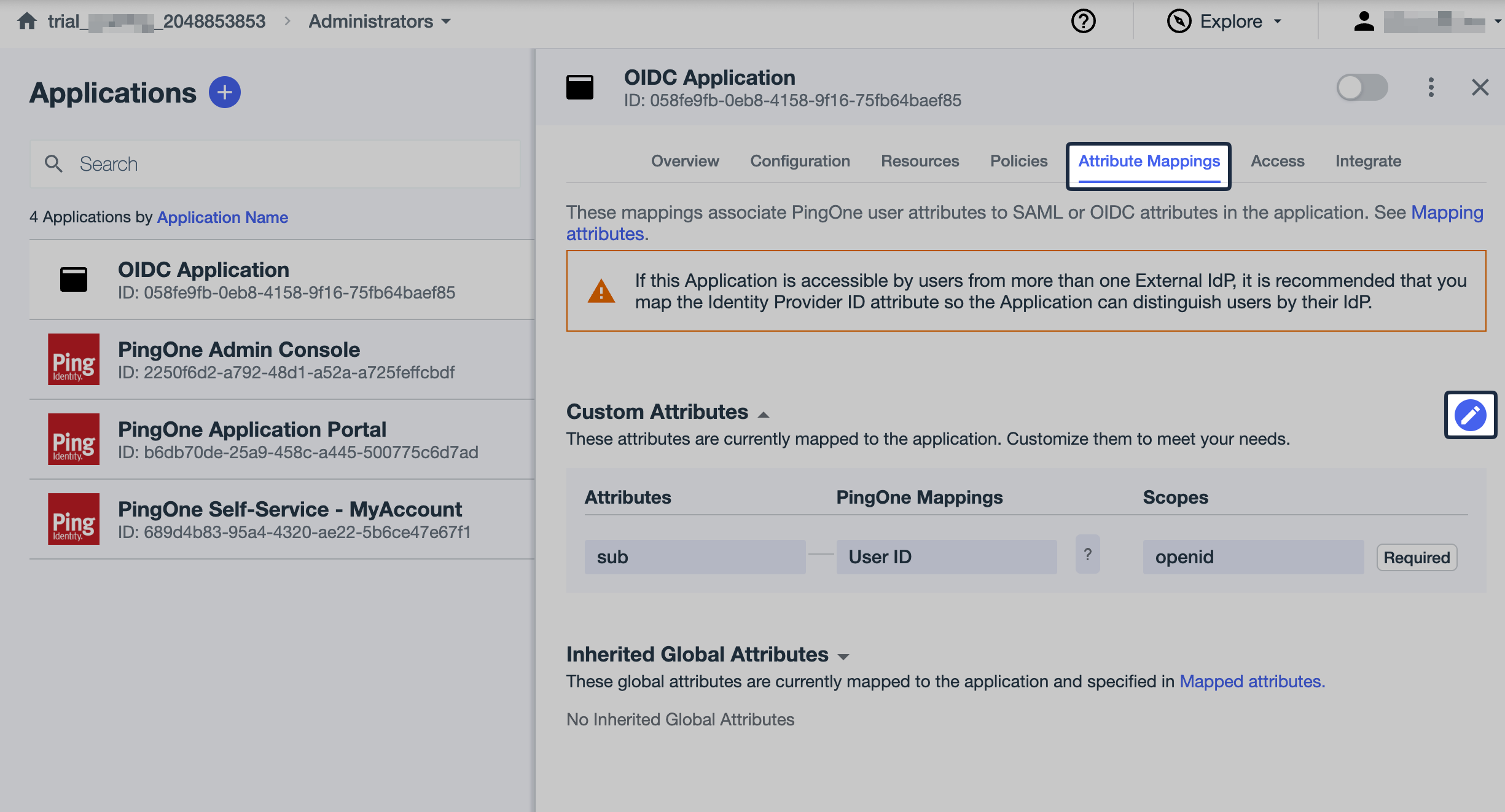 PingIdentity Attribute Mappings tab with the edit action