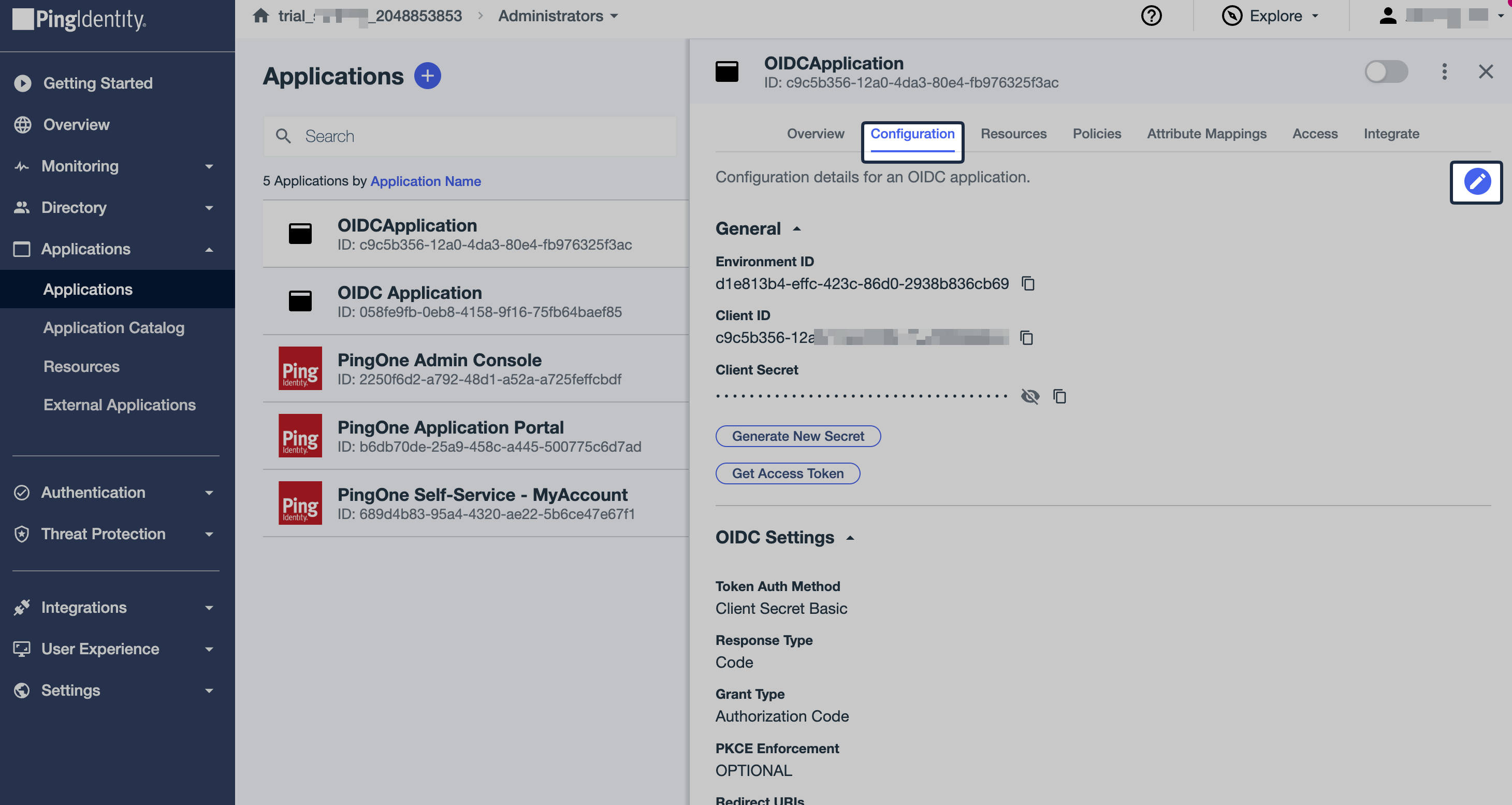Ping Identity Configuration tab for the new OIDC app with the edit action highlighted