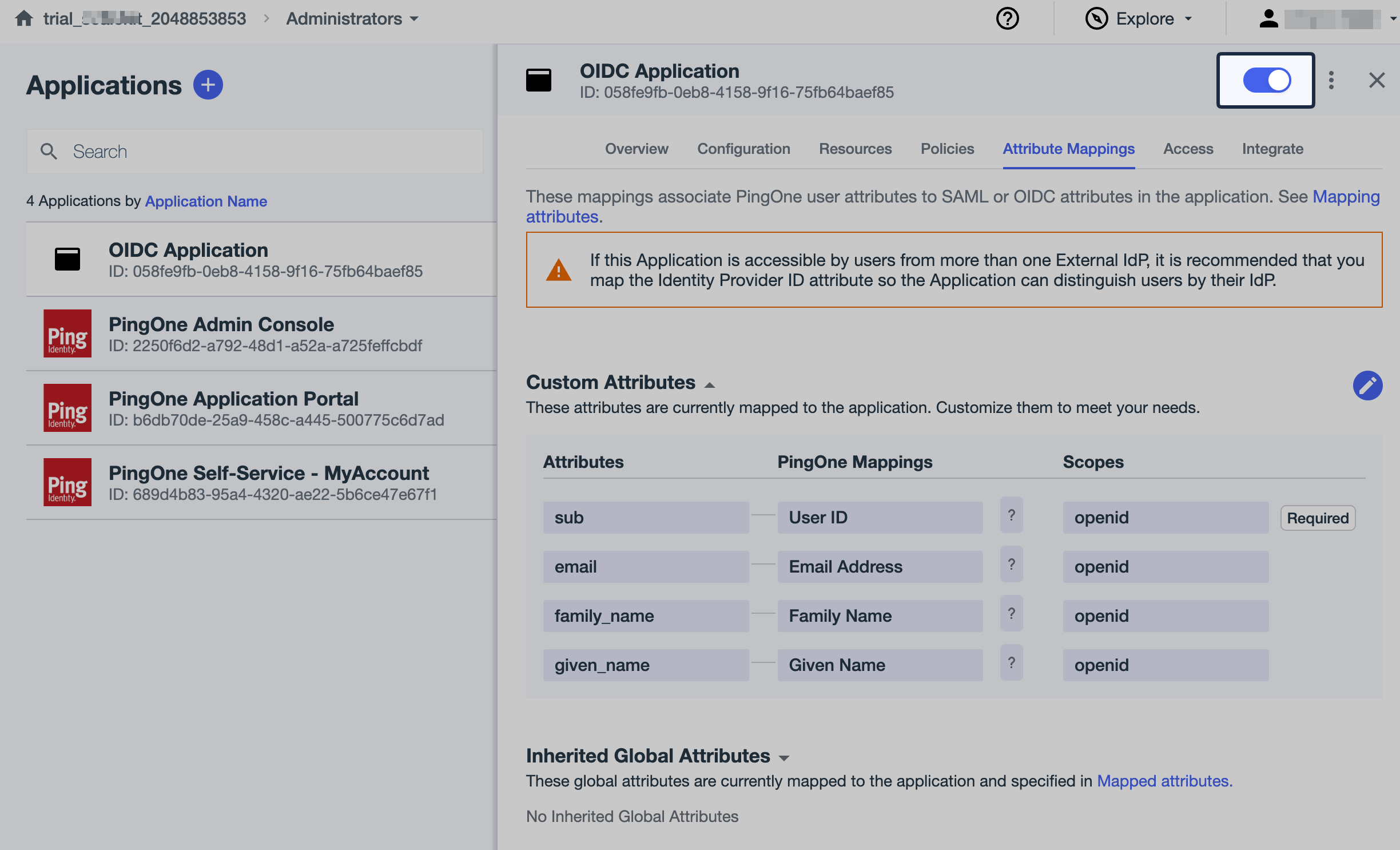 PingIdentity application toggle enabled after the attribute configuration is complete