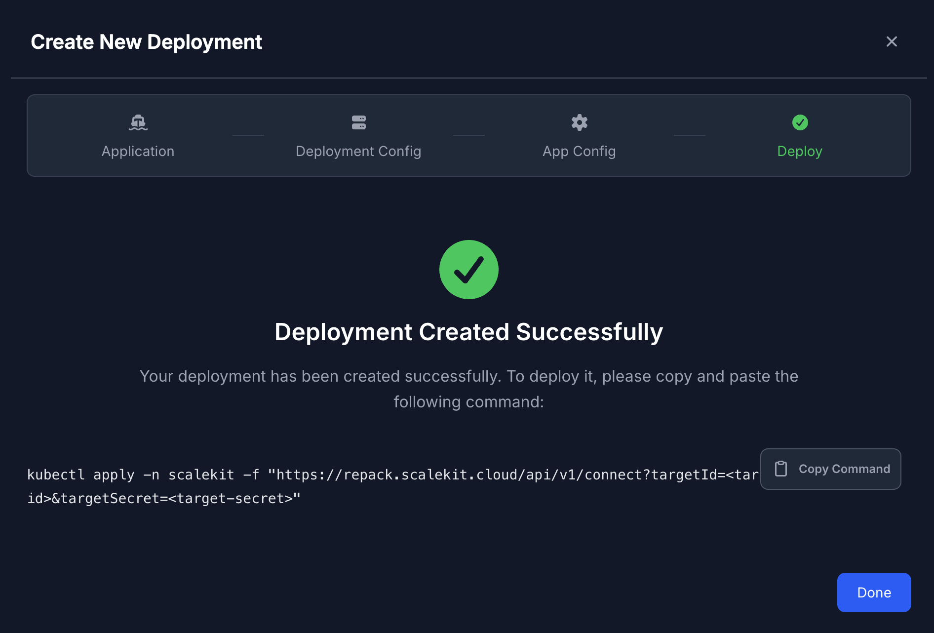 Deployment created successfully: copy the kubectl command