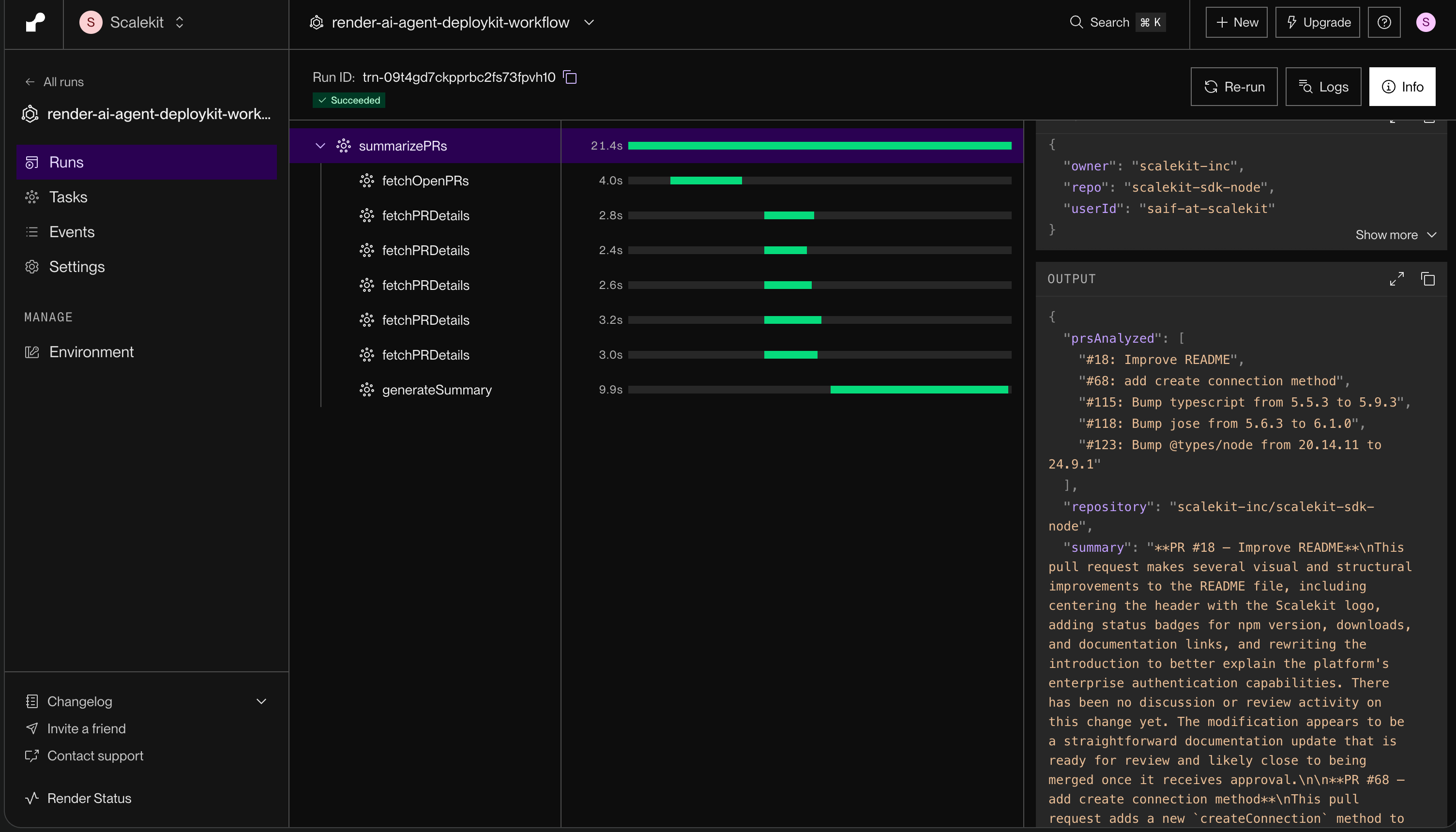 Render Dashboard showing workflow service with Tasks tab displaying setupGitHubAuth and summarizePRs tasks
