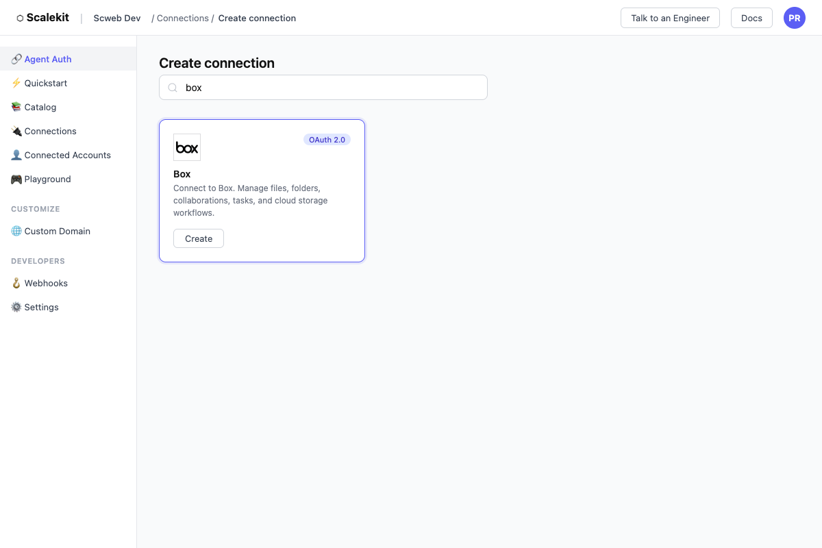Box connector shown in Scalekit's Create Connection search