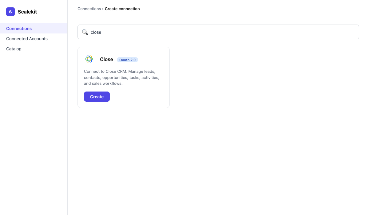 Close connector shown in Scalekit's Create Connection search