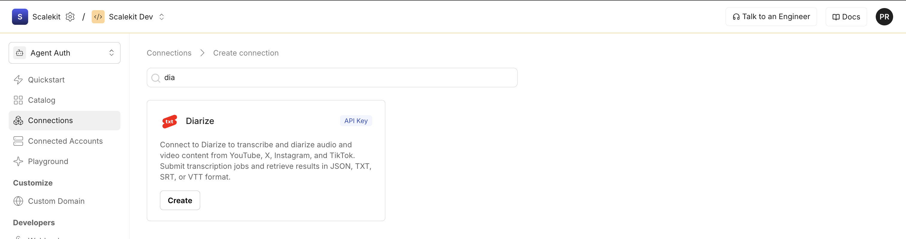 Diarize connector card shown in Scalekit's Create Connection search