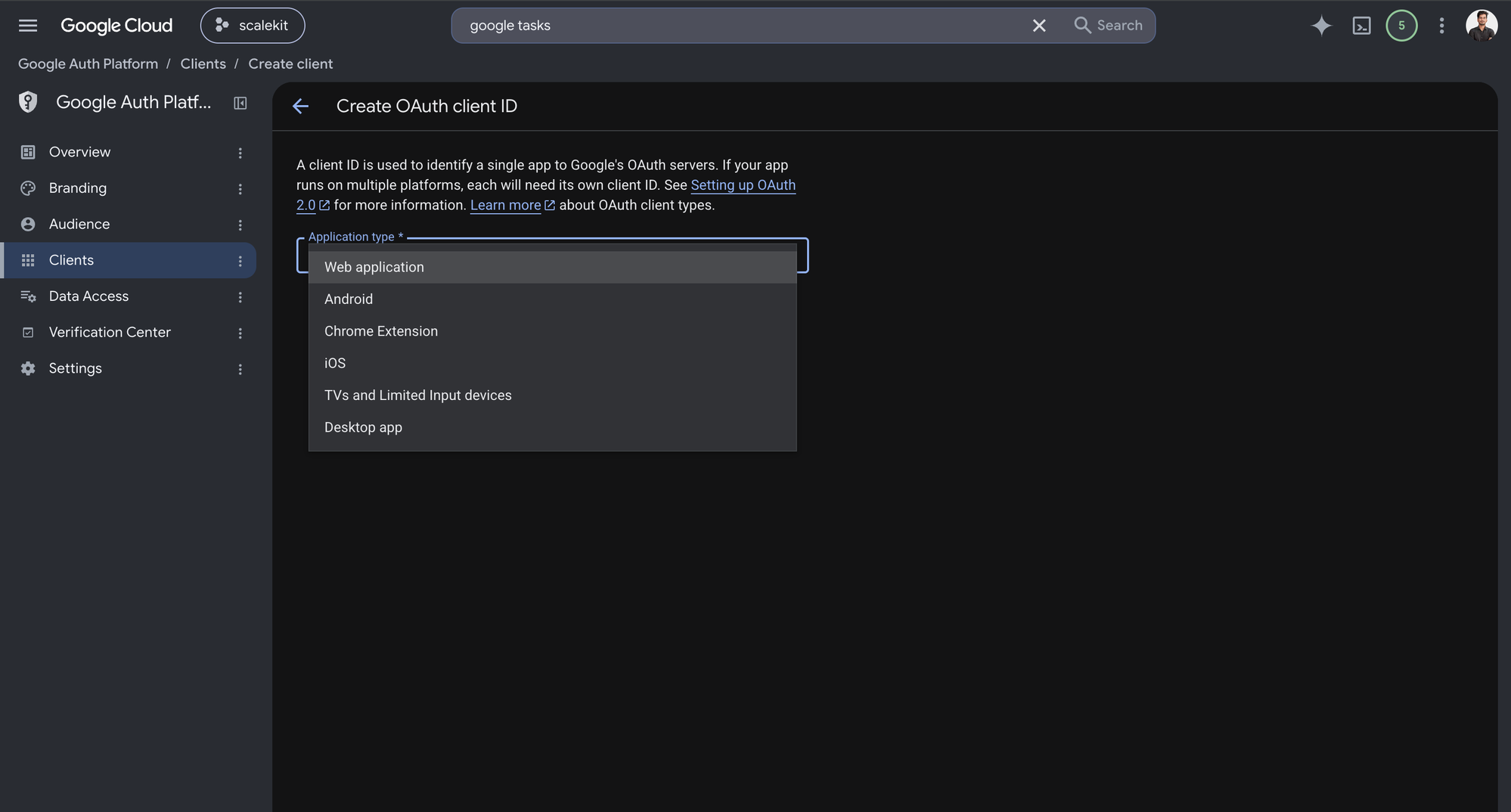 Application type dropdown with Web application, Android, Chrome Extension, iOS, TVs, and Desktop app options