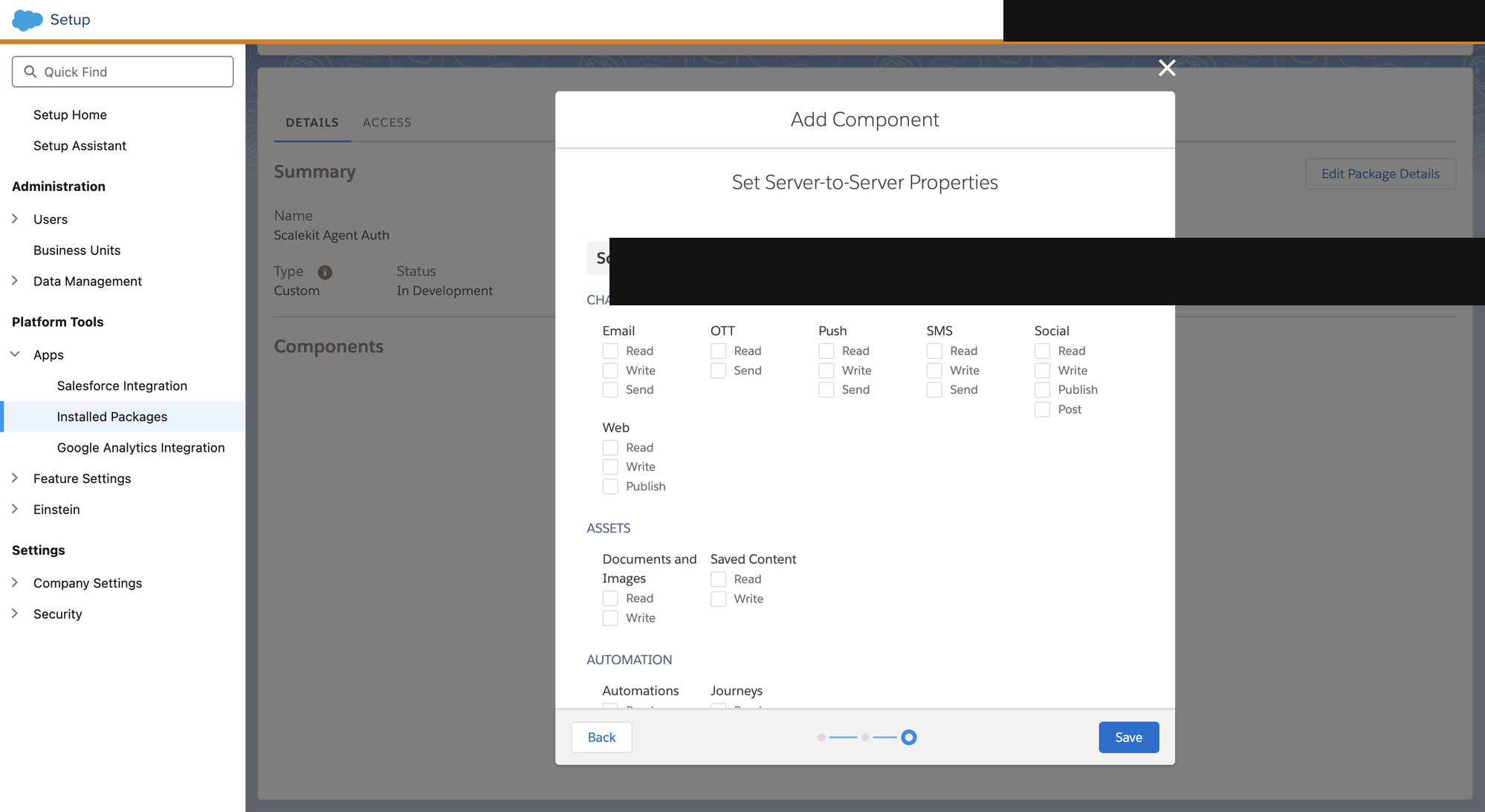 Set Server-to-Server Properties dialog with Scope checkboxes for Channels, Assets, and Automation