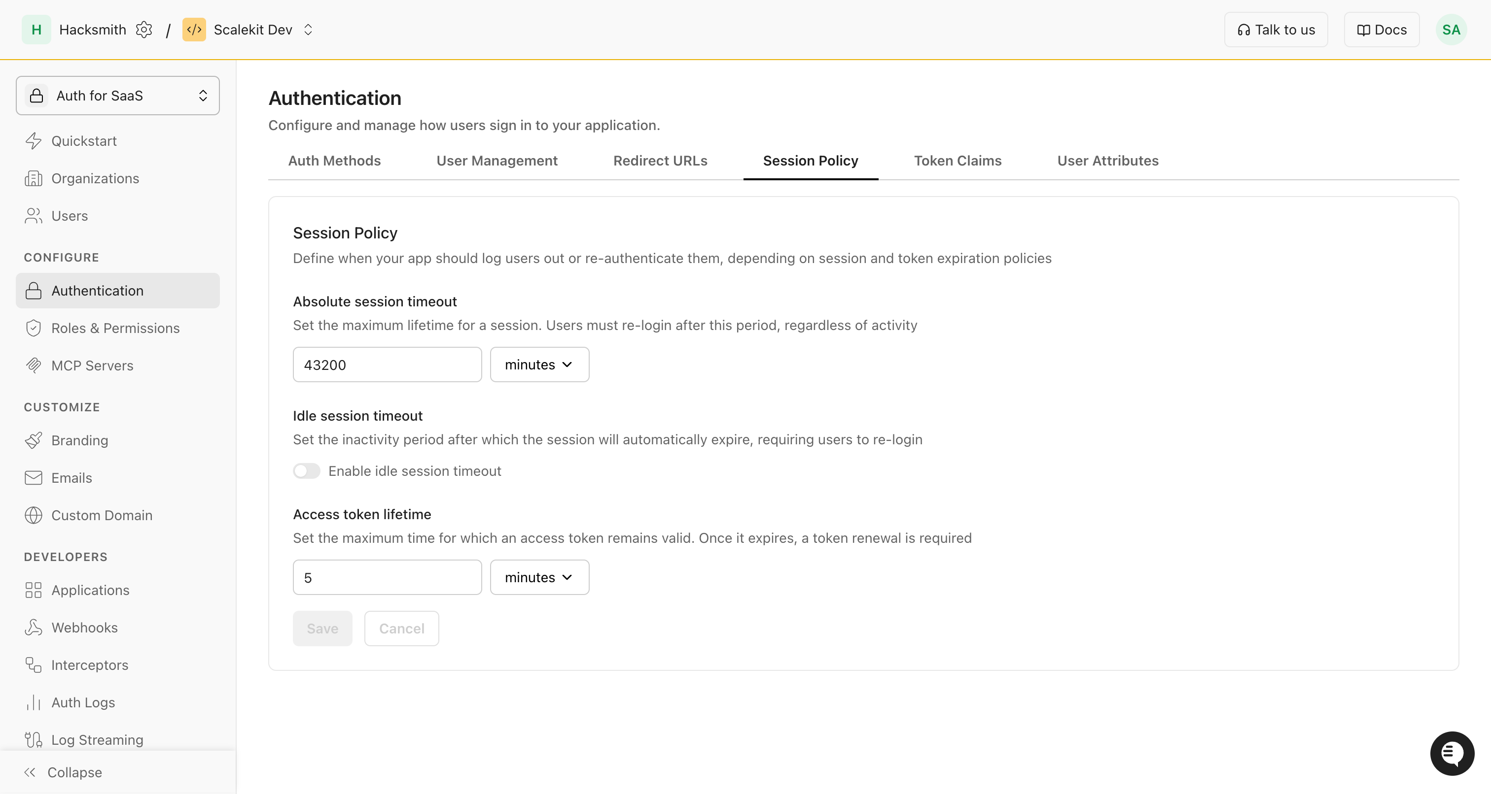 Scalekit Session Policy page with fields for absolute session timeout, idle session timeout, and access token lifetime