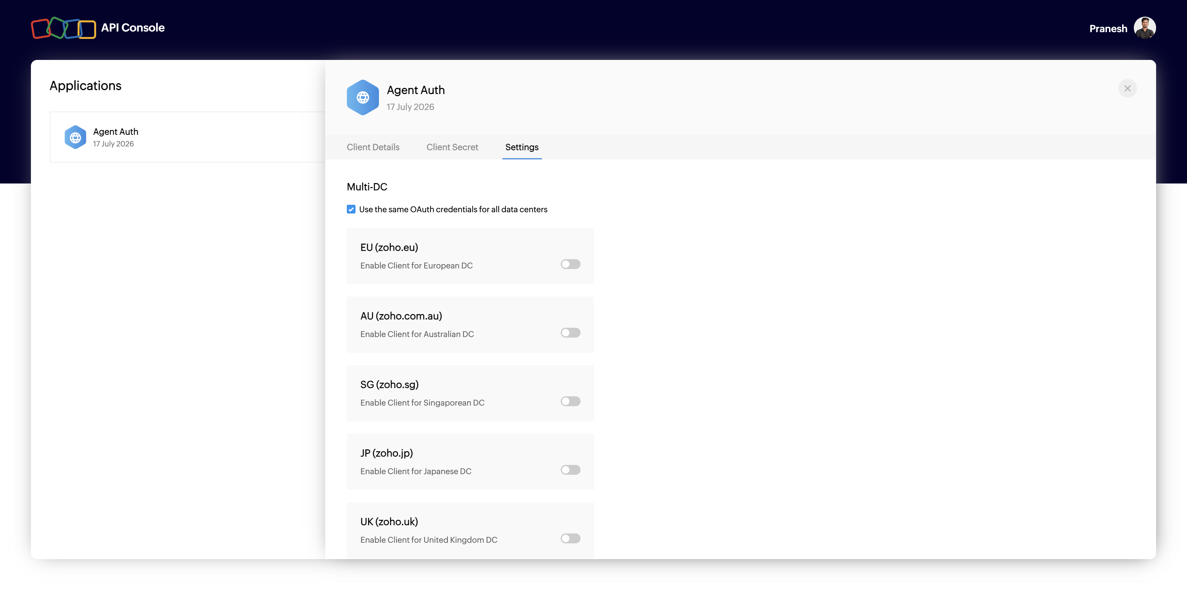 Multi-DC settings in Zoho API Console