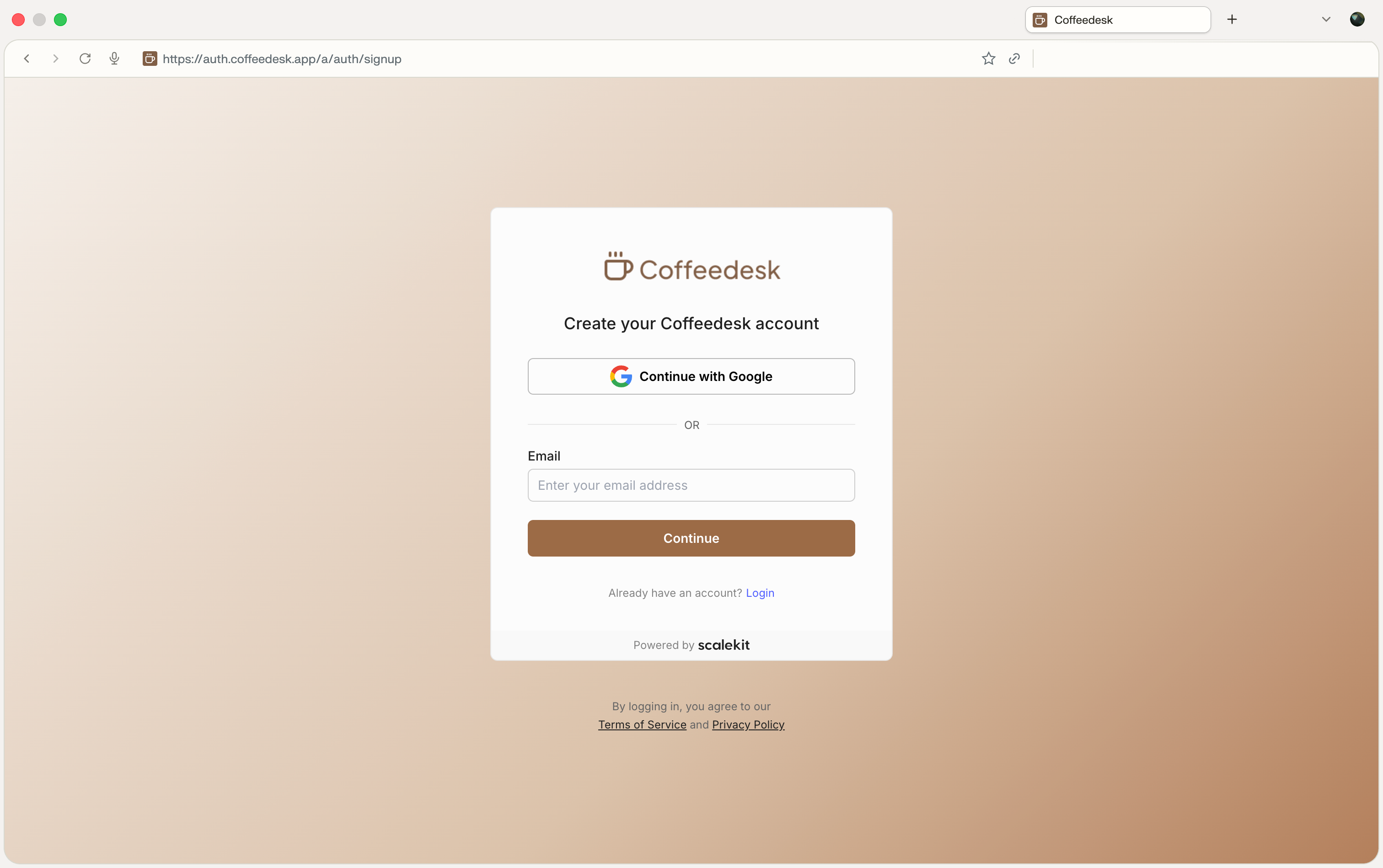 Coffee desk signup page