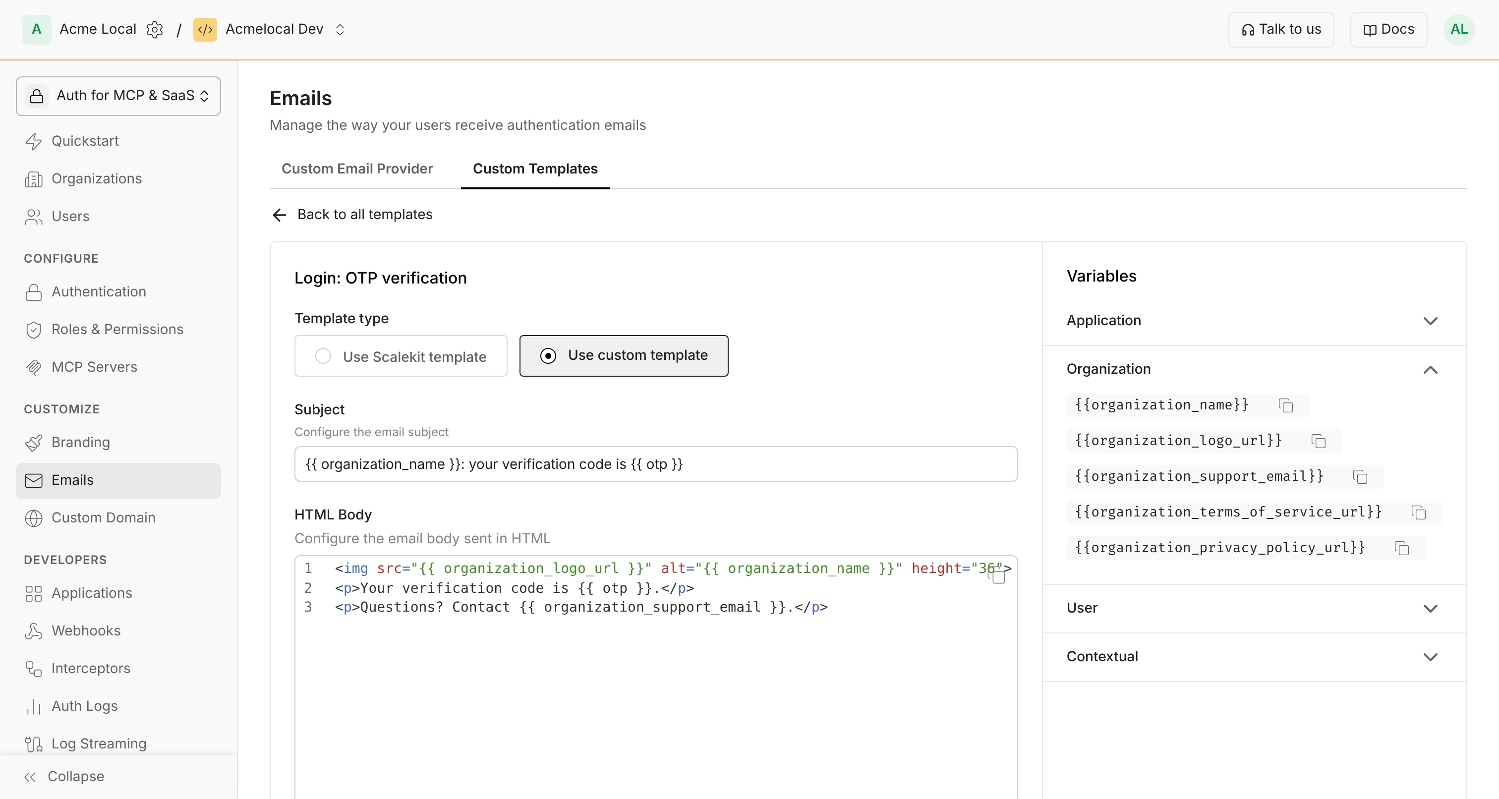 Email template editor for the login OTP email, with the custom template selected, a subject and HTML body that use organization variables, and the Organization variables listed