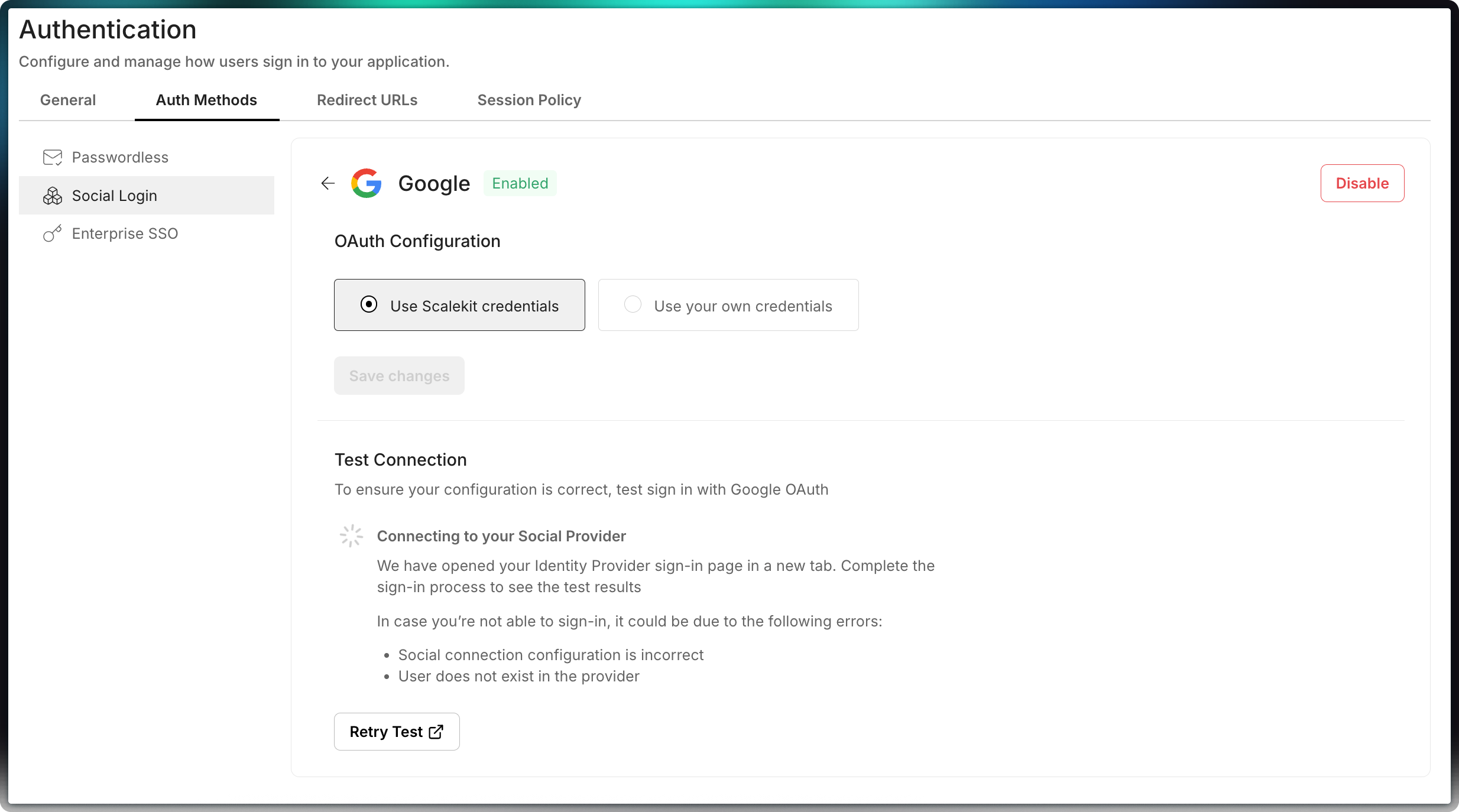 Scalekit Test Connection panel for Google showing sign-in test instructions, common error causes, and a Retry Test button