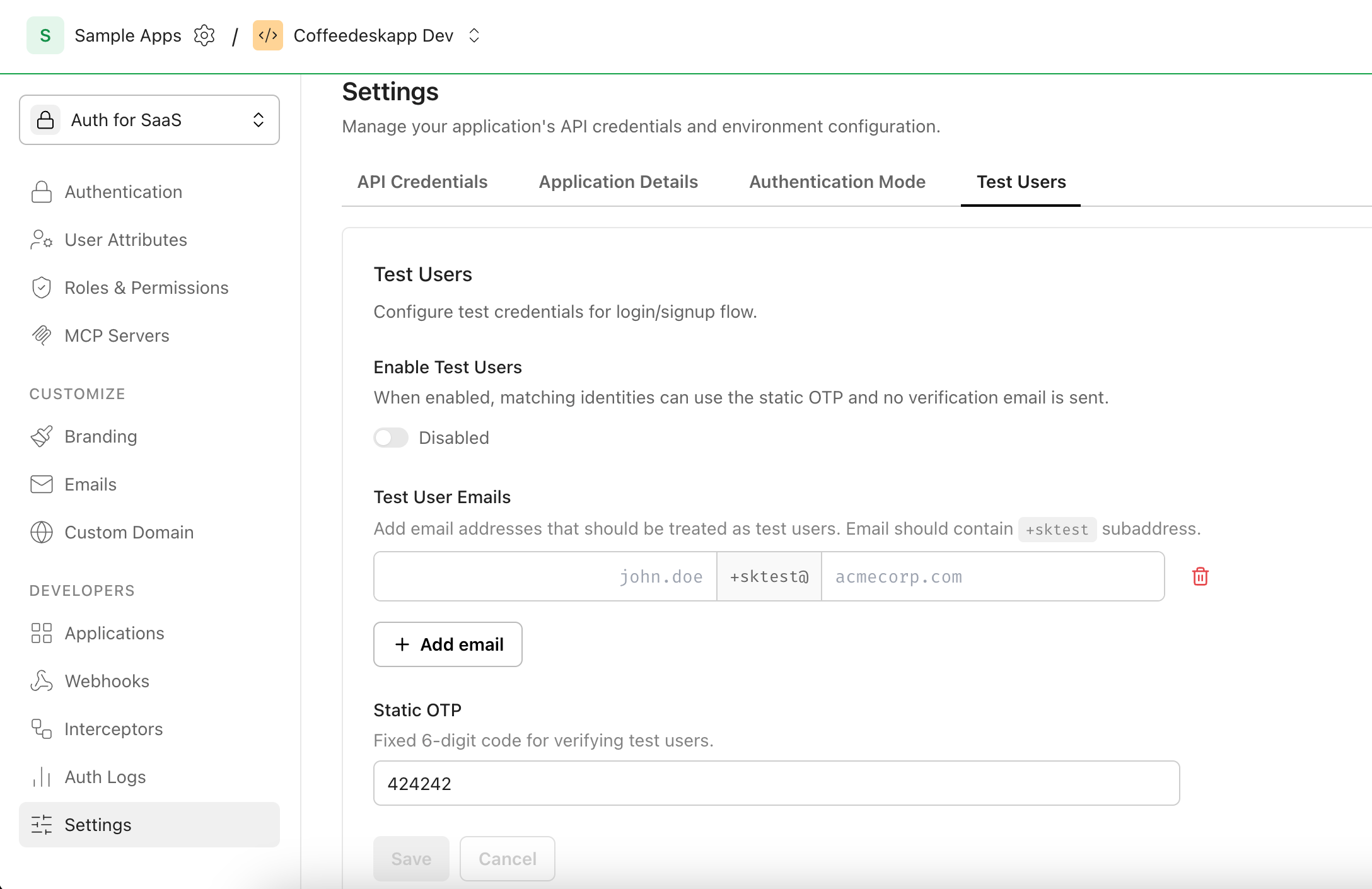 Test users settings page