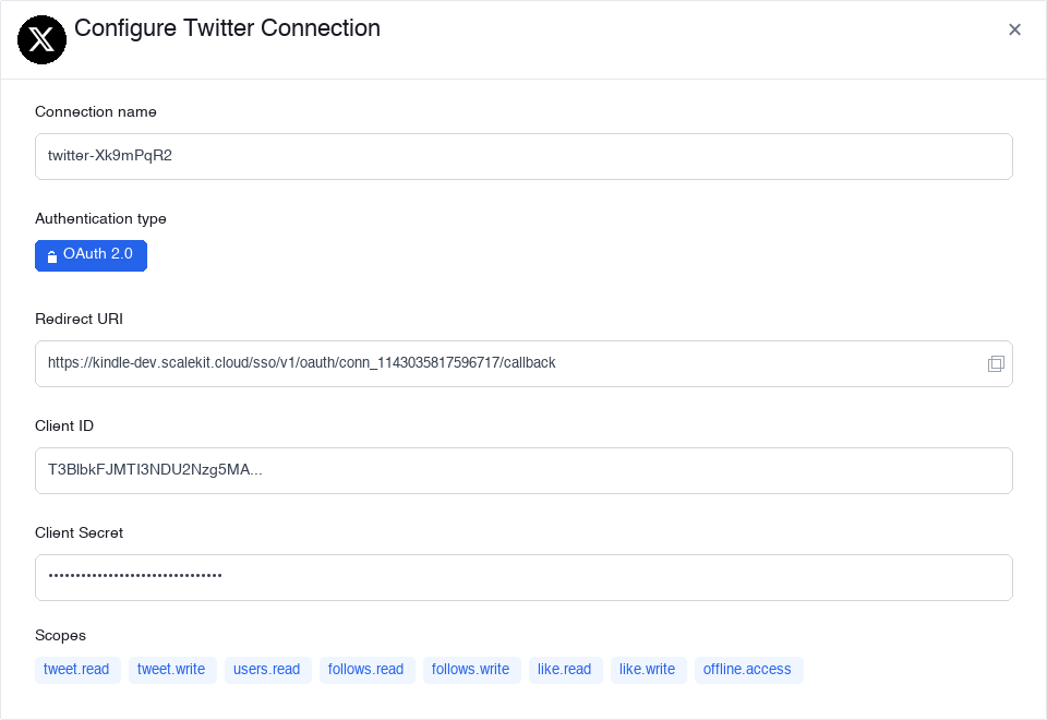 Scalekit Twitter connection with Client ID, Client Secret, and scopes configured