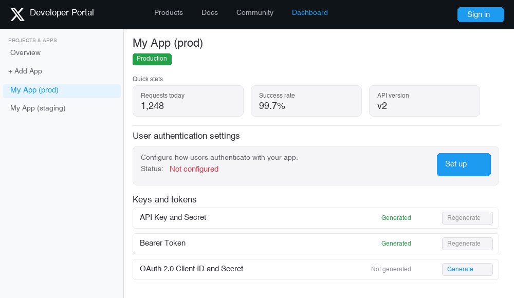 Twitter Developer Portal showing Projects and Apps with the Add App button