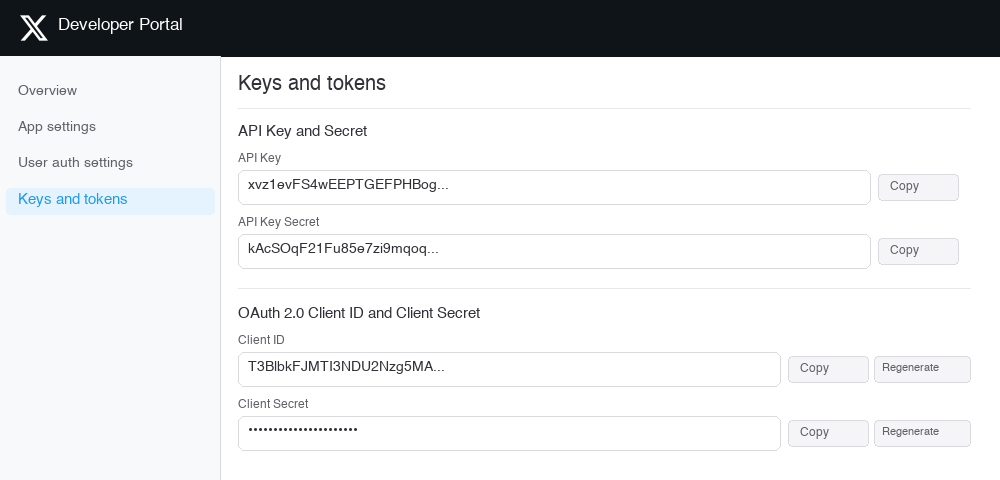 Twitter app Keys and tokens page showing Client ID and Client Secret
