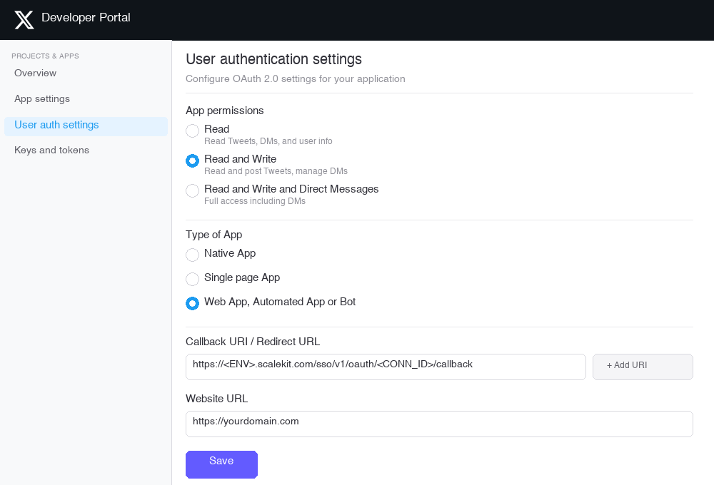 Twitter app User authentication settings panel