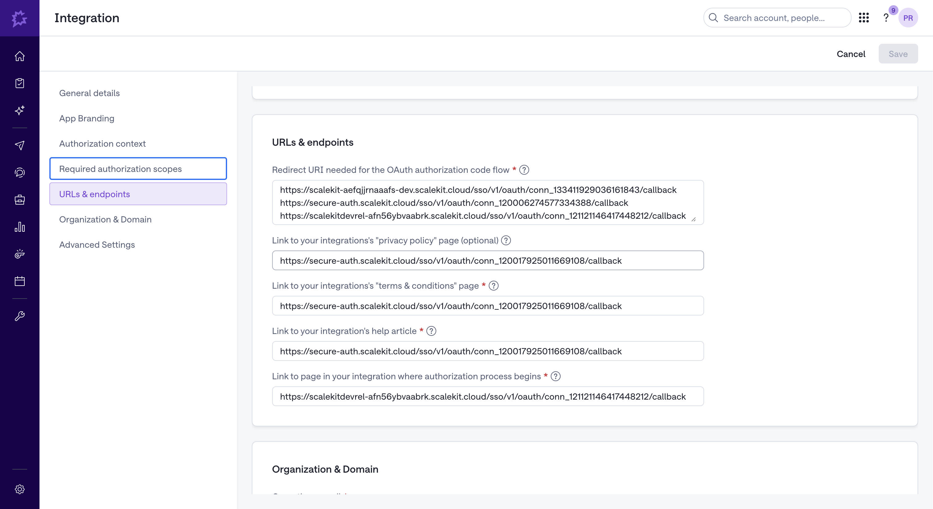 Gong Integration URLs & endpoints tab showing the redirect URI and required links
