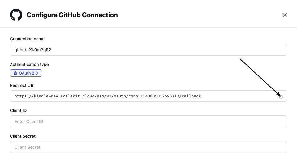 Copy redirect URI from Scalekit dashboard