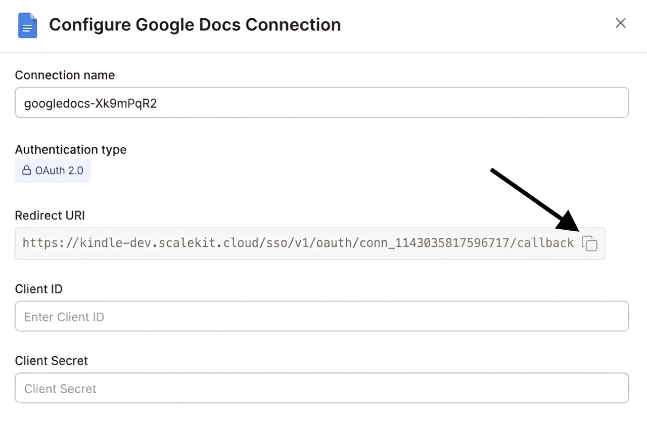 Copy redirect URI from Scalekit dashboard