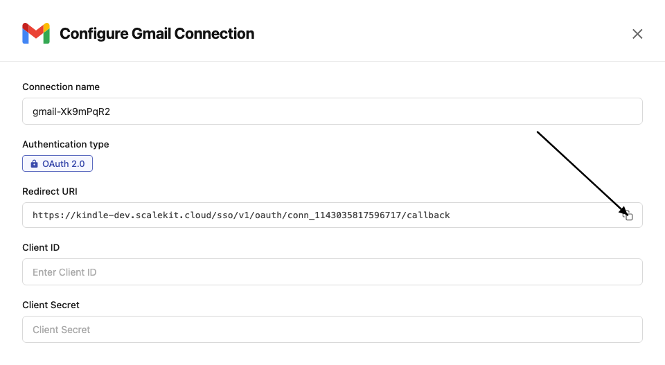 Copy redirect URI from Scalekit dashboard
